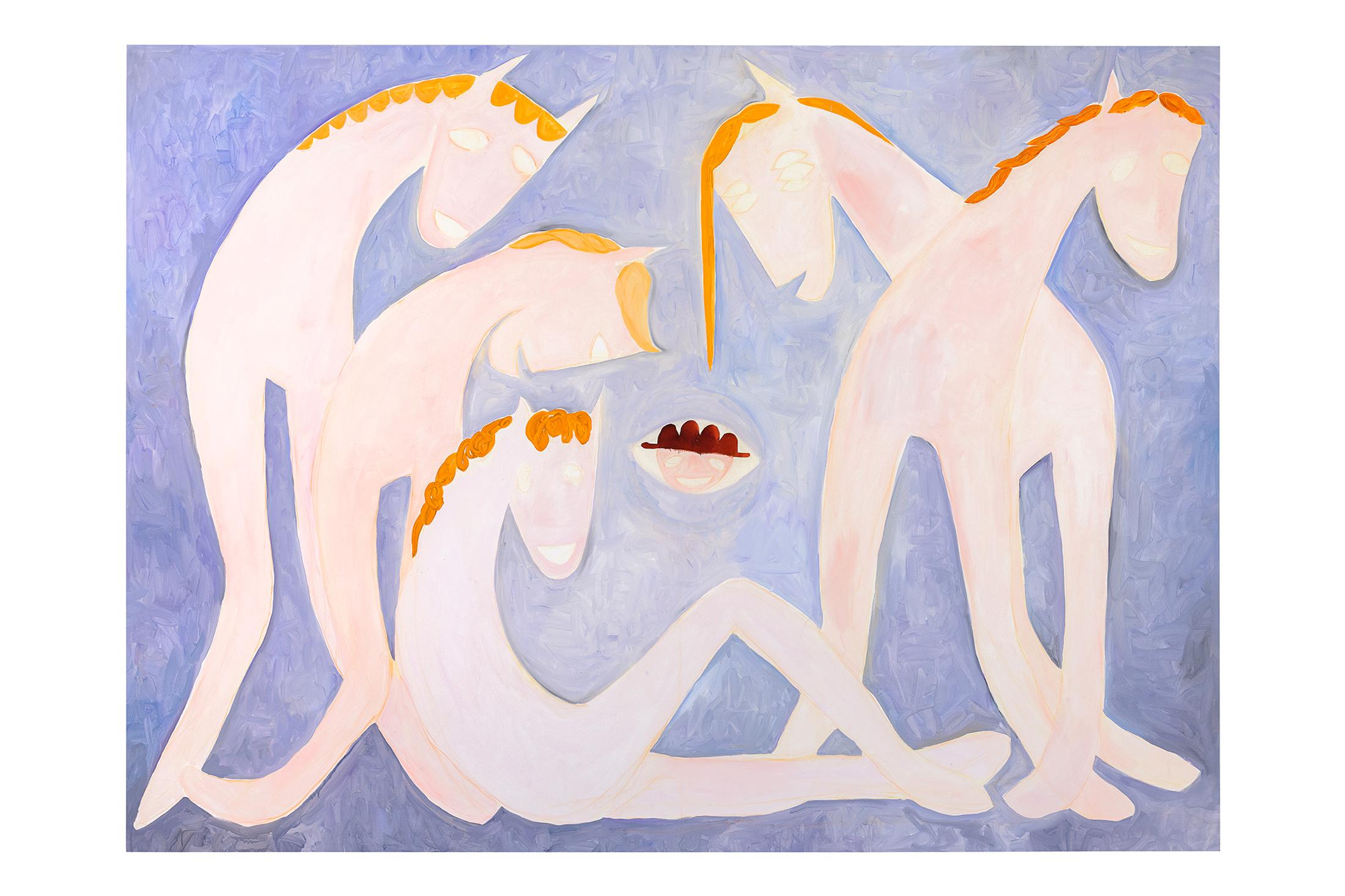 Exhibition View Solo Show Sarah Bogner «Freunde des Lichts; view on Sarah Bogner, Freunde des Lichts, 2023, acrylic and ink on canvas, 194 x 263 cm» at Livie Gallery, Zurich, 2024 / Photo: kunstdokumentation.com / Courtesy: The artist and Livie Gallery