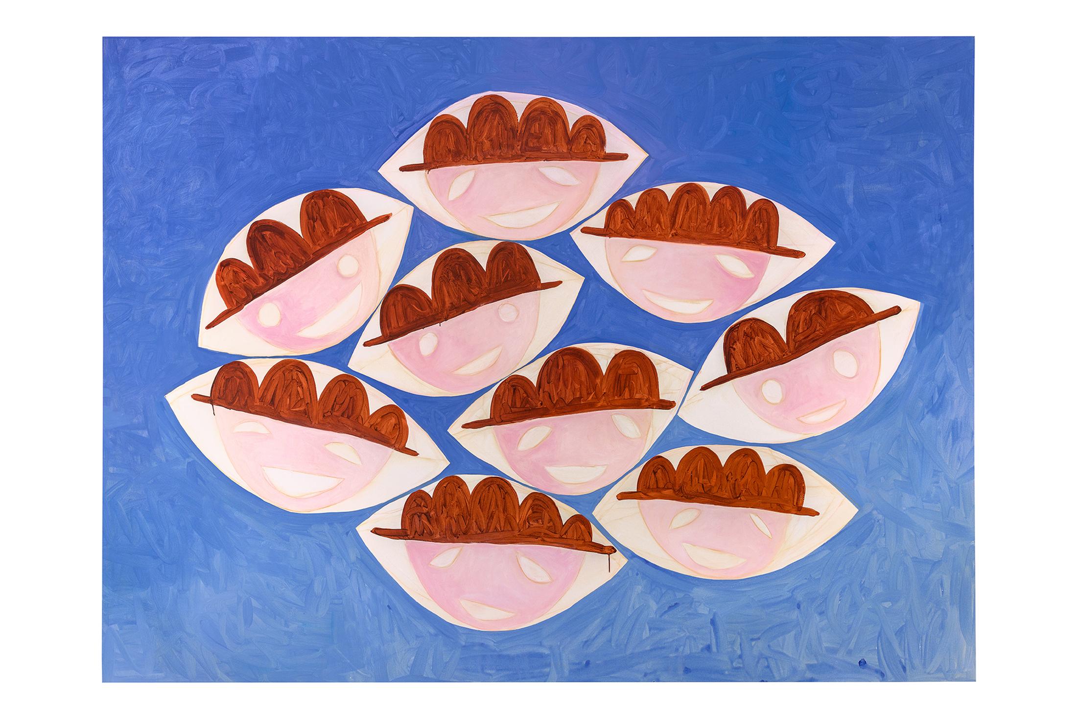 Exhibition View Solo Show Sarah Bogner «Freunde des Lichts; view on Sarah Bogner, Grosse Vielfreunde (All of Us), 2024, acrylic and ink on canvas, 205 x 277 cm» at Livie Gallery, Zurich, 2024 / Photo: kunstdokumentation.com / Courtesy: The artist and Livie Gallery