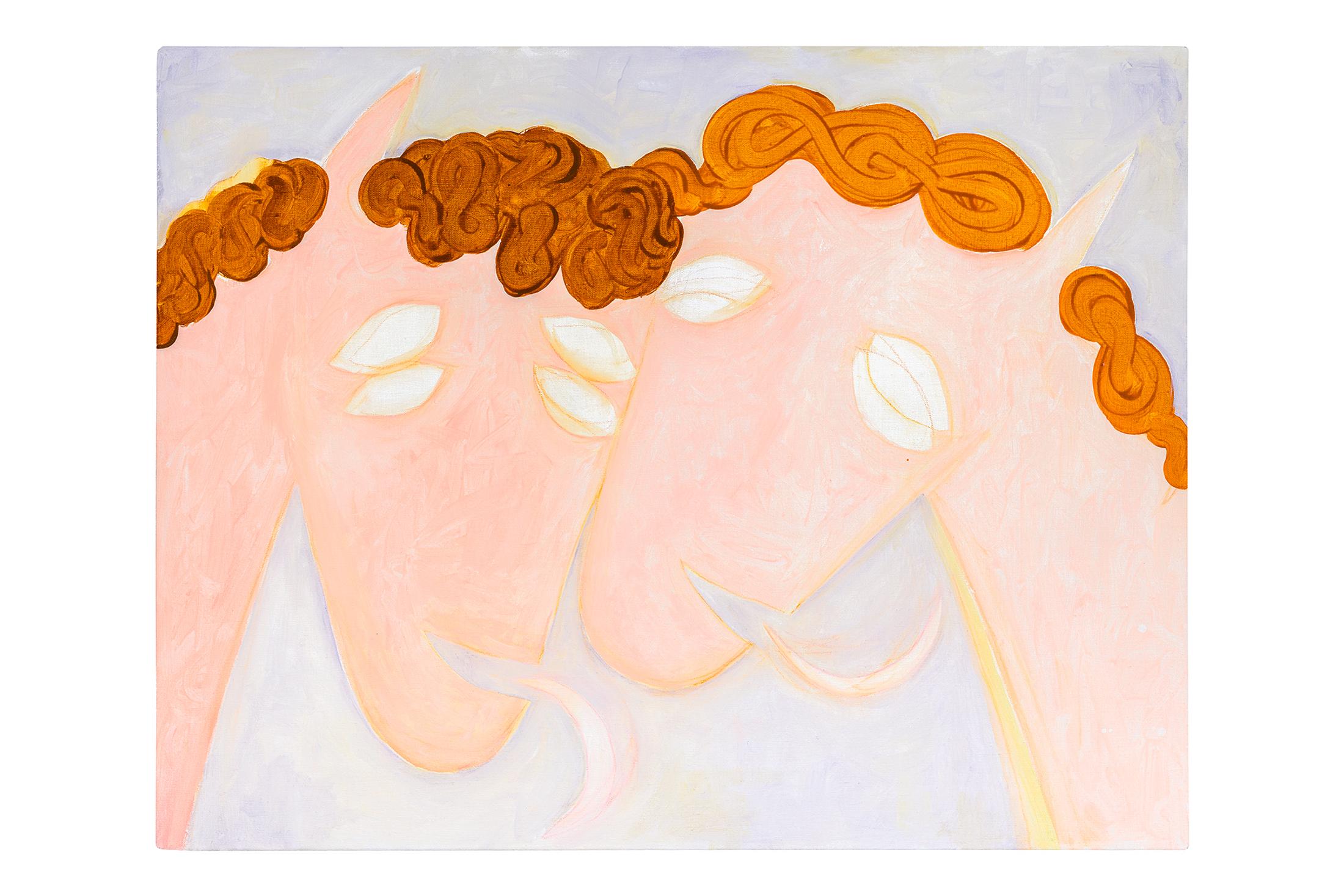 Exhibition View Solo Show Sarah Bogner «Freunde des Lichts; view on Sarah Bogner, Krapfen Freunde, 2024, acrylic, ink and egg tempera on canvas, 63 x 81 cm» at Livie Gallery, Zurich, 2024 / Photo: kunstdokumentation.com / Courtesy: The artist and Livie Gallery