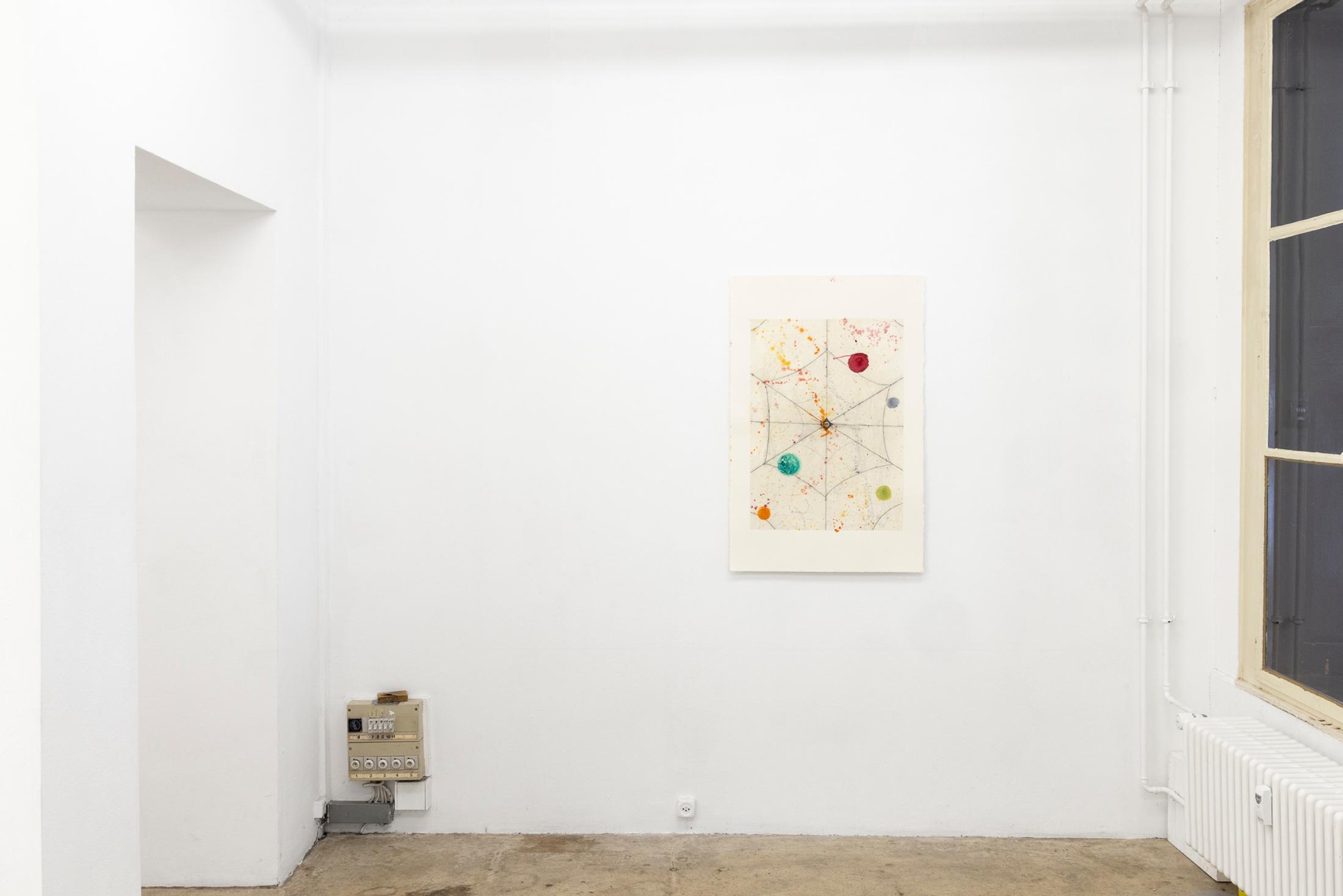 Exhibition View Solo Show Séverine Heizmann «Roots drink deep from carrion’s gift ; view on Hearing the touch of it at its end 5, 100 x 68cm, pencil, oil, resin and water colour on paper, 2024» at Milieu, Bern, 2024 / Photo: Nina Rieben  / Courtesy: The artist and Milieu