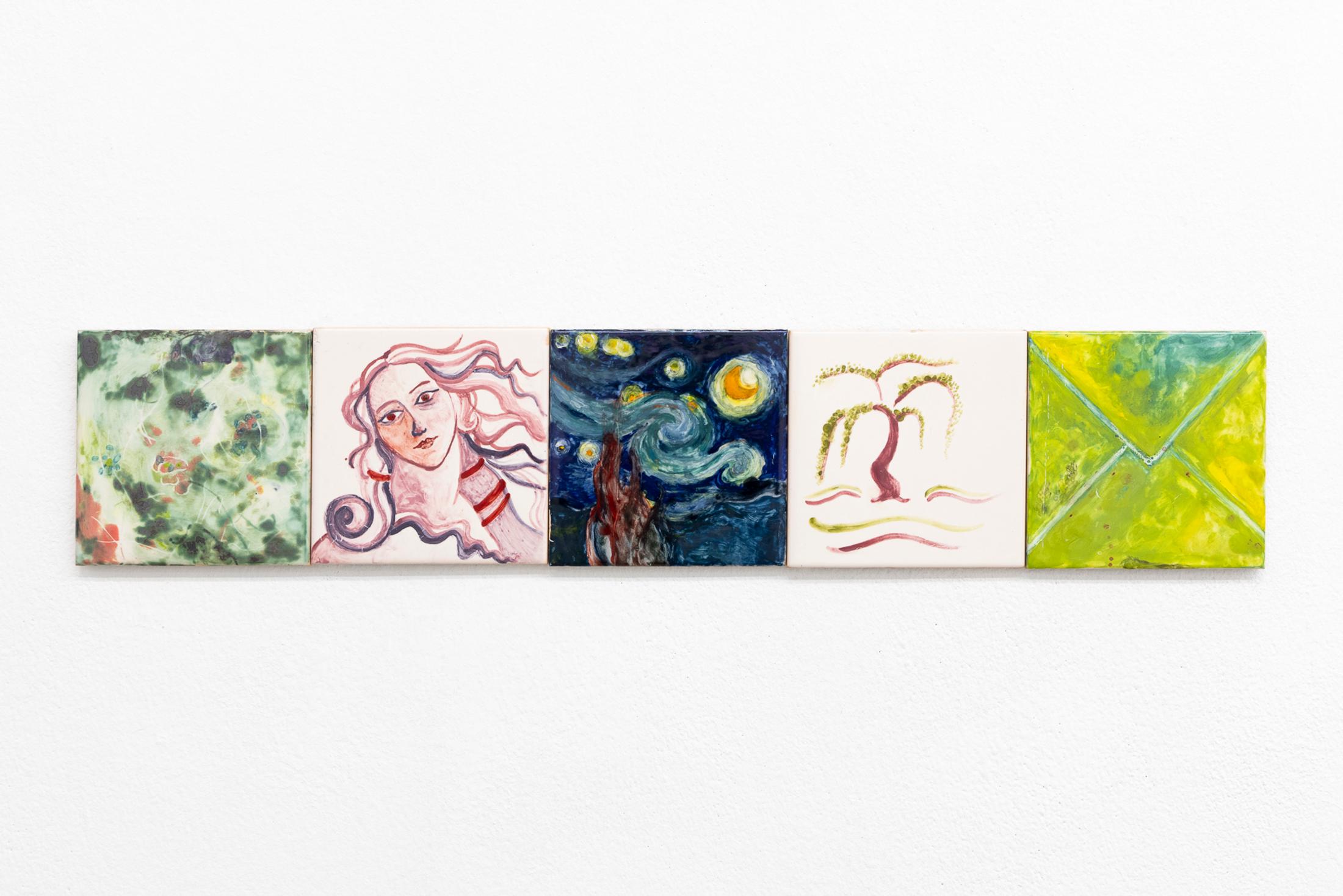 Exhibition View Solo Show Séverine Heizmann «Roots drink deep from carrion’s gift ; view on Séverine Heizmann, 5 (compostage; Venus detail; starry starry night; Pompéi; enigma), each 14 x 14cm, glazed tiles, 2024» at Milieu, Bern, 2024 / Photo: Nina Rieben  / Courtesy: The artist and Milieu