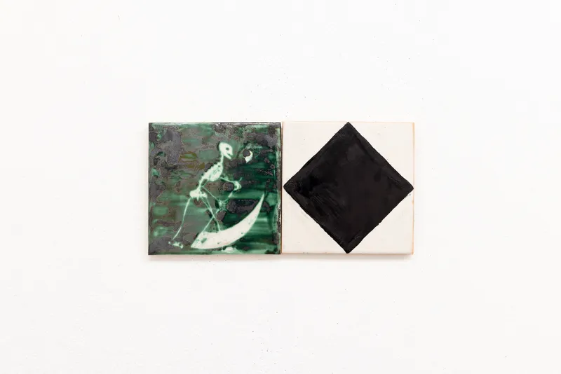 Exhibition View Solo Show Séverine Heizmann «Roots drink deep from carrion’s gift ; view on Séverine Heizmann, 2 (untitled; untitled), each 14 x 14 cm, glazed tiles, 2024» at Milieu, Bern, 2024  / Photo: Nina Rieben  / Courtesy: The artist and Milieu
