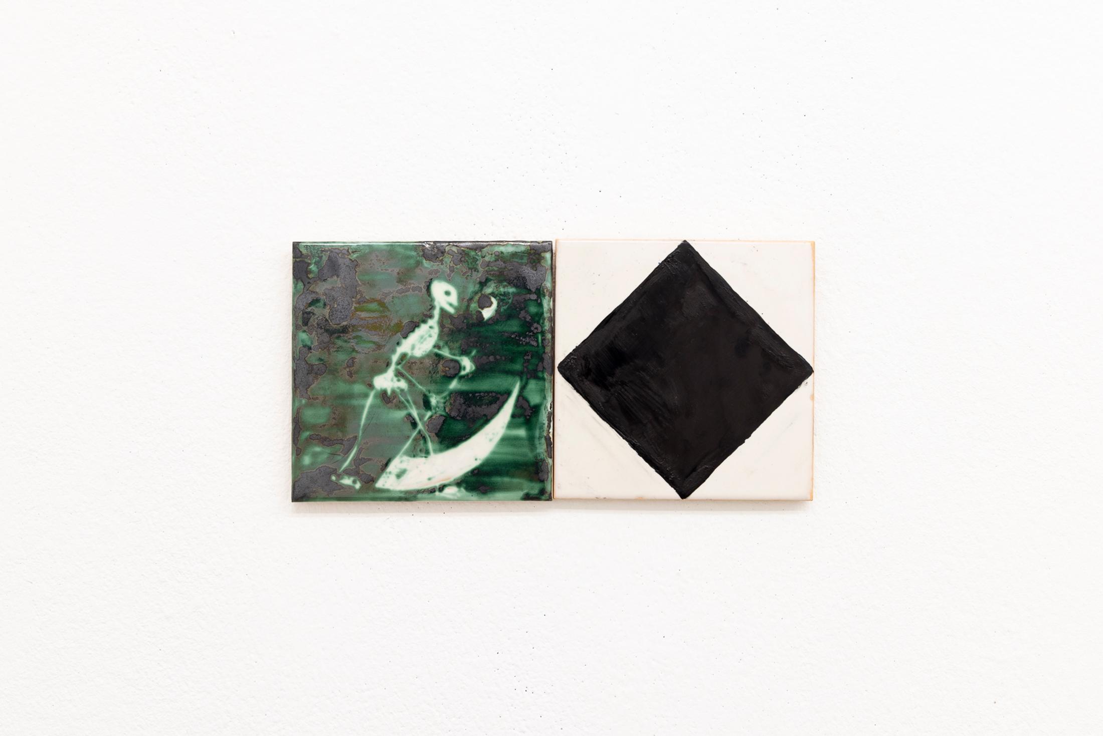 Exhibition View Solo Show Séverine Heizmann «Roots drink deep from carrion’s gift ; view on Séverine Heizmann, 2 (untitled; untitled), each 14 x 14 cm, glazed tiles, 2024» at Milieu, Bern, 2024  / Photo: Nina Rieben  / Courtesy: The artist and Milieu
