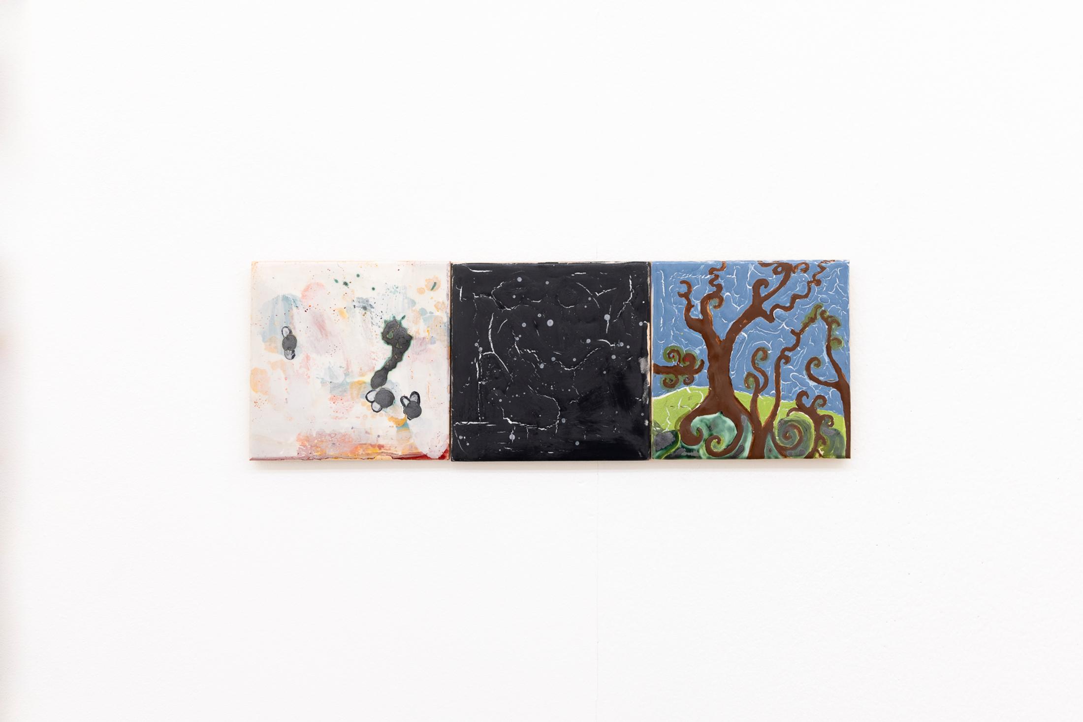 Exhibition View Solo Show Séverine Heizmann «Roots drink deep from carrion’s gift ; view on Séverine Heizmann, 3 (compostage; moonless night; night in the woods), each 14 x 14 cm, glazed tiles, 2024» at Milieu, Bern, 2024 / Photo: Nina Rieben  / Courtesy: The artist and Milieu