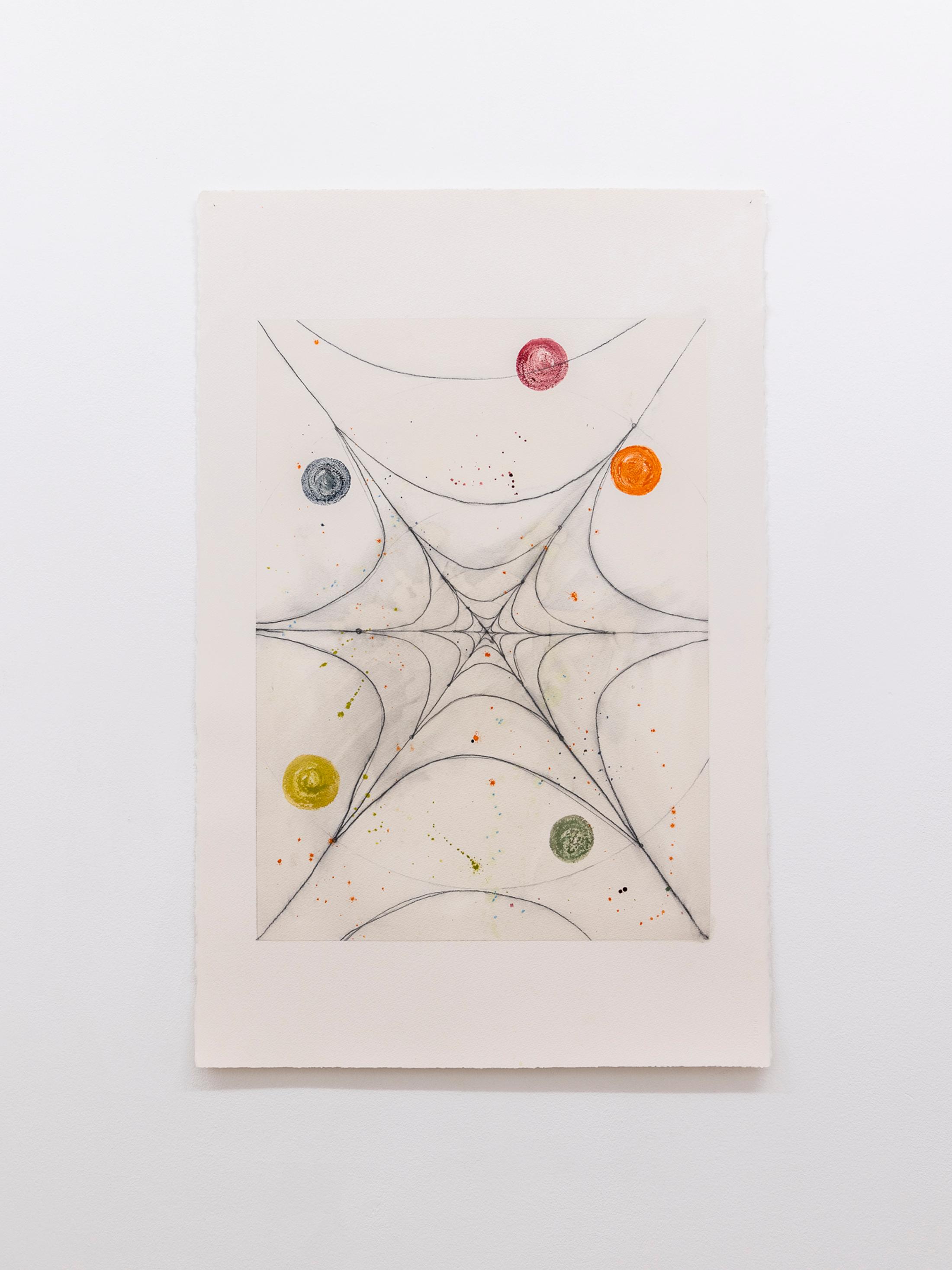 Exhibition View Solo Show Séverine Heizmann «Roots drink deep from carrion’s gift ; view on Séverine Heizmann, Hearing the touch of it at its end 2, 100 x 68 cm, pencil, oil, resin and water colour on paper, 2024» at Milieu, Bern, 2024 / Photo: Nina Rieben  / Courtesy: The artist and Milieu