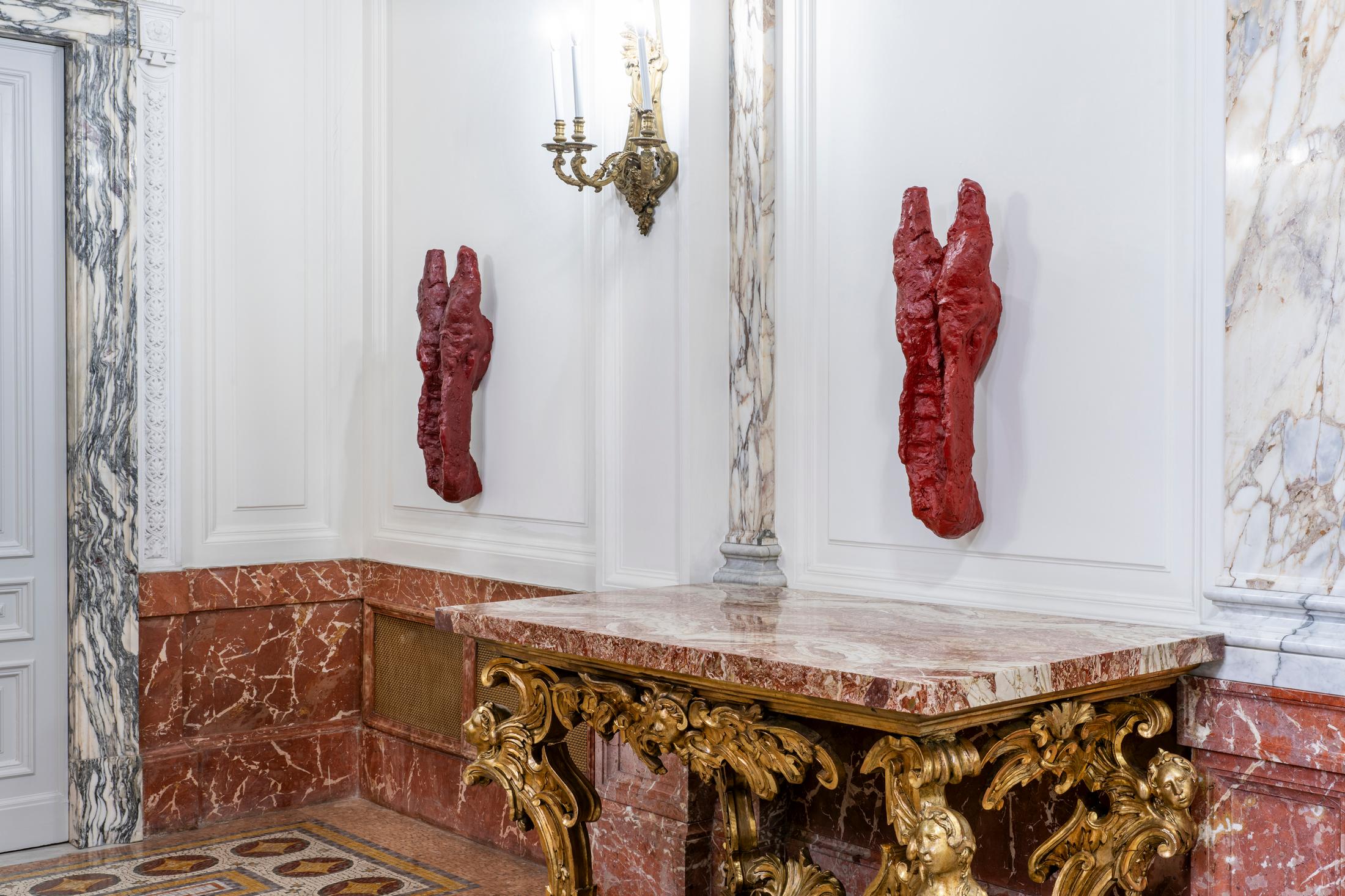 Exhibition View Solo Show Shahryar Nashat «Blood Most Precious ; view on Bone Out, 2024, synthetic polymer resin, oil paint, 90 × 30 × 18 cm» at Istituto Svizzero, Rome, 2024 / Photo: Ela Bialkowska, OKNO studio / Courtesy: Gladstone Gallery, Sylvia Kouvali and David Kordansky Gallery