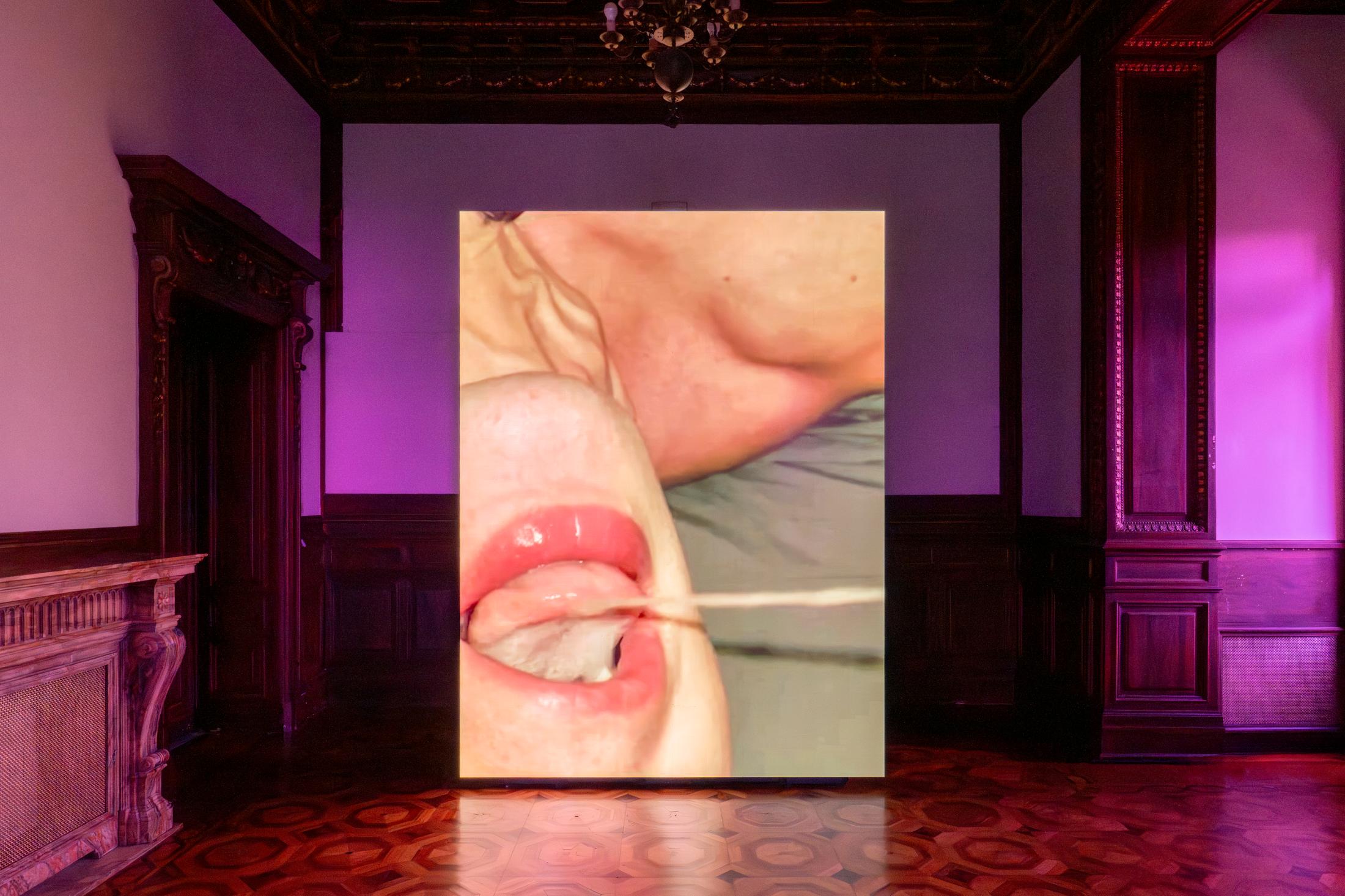 Exhibition View Solo Show Shahryar Nashat «Blood Most Precious; view on Lover_00.JPEG, 2024, HD video on LED wall, colour, stereo sound 5’ 55”, with music by Steffen Martin» at Istituto Svizzero, Rome, 2024 / Photo: Ela Bialkowska, OKNO studio / Courtesy: Gladstone Gallery, Sylvia Kouvali and David Kordansky Gallery