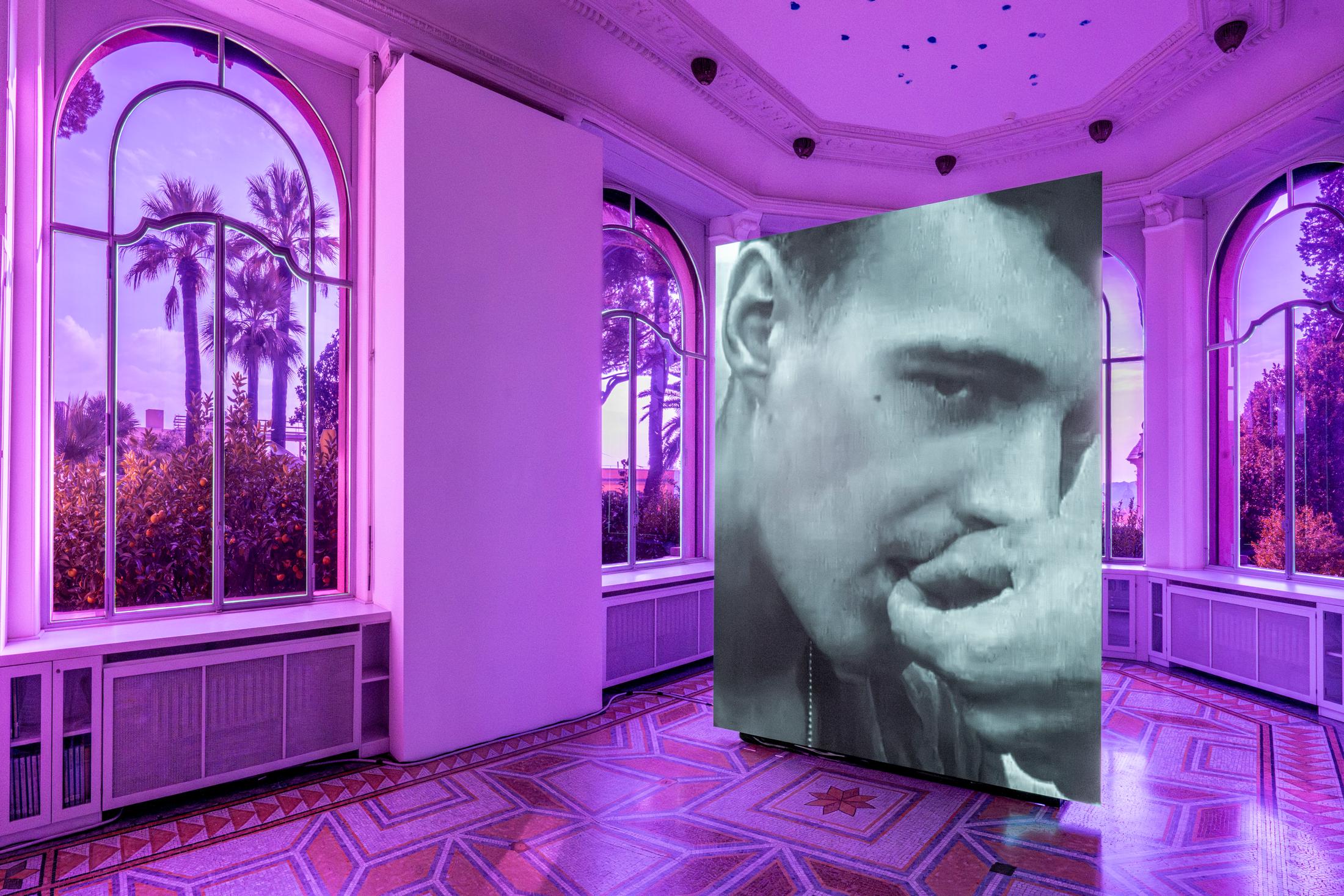 Exhibition View Solo Show Shahryar Nashat «Blood Most Precious; view on Lover’s Companion, 2024, HD video on LED wall, colour, stereo sound 5’ 55”, with music by Steffen Martin, research Advisor: Antoine Idier» at Istituto Svizzero, Rome, 2024 / Photo: Ela Bialkowska, OKNO studio / Courtesy: Gladstone Gallery, Sylvia Kouvali and David Kordansky Gallery