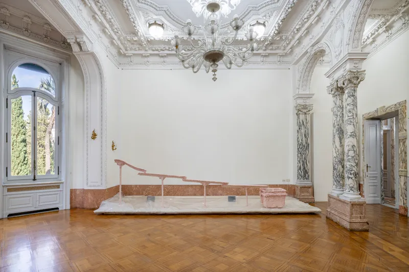 Exhibition View Solo Show Shahryar Nashat «Blood Most Precious; view on Bleeding Precious, 2024, acrylic resin, fiber glass, water, pigment, water pump mechanism, steel, 180 × 600 cm» at Istituto Svizzero, Rome, 2024 / Photo: Ela Bialkowska, OKNO studio / Courtesy: Gladstone Gallery and Sylvia Kouvali