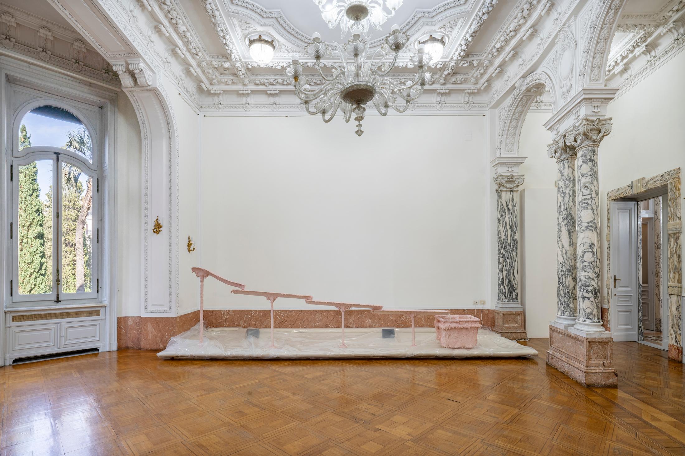 Exhibition View Solo Show Shahryar Nashat «Blood Most Precious; view on Bleeding Precious, 2024, acrylic resin, fiber glass, water, pigment, water pump mechanism, steel, 180 × 600 cm» at Istituto Svizzero, Rome, 2024 / Photo: Ela Bialkowska, OKNO studio / Courtesy: Gladstone Gallery and Sylvia Kouvali