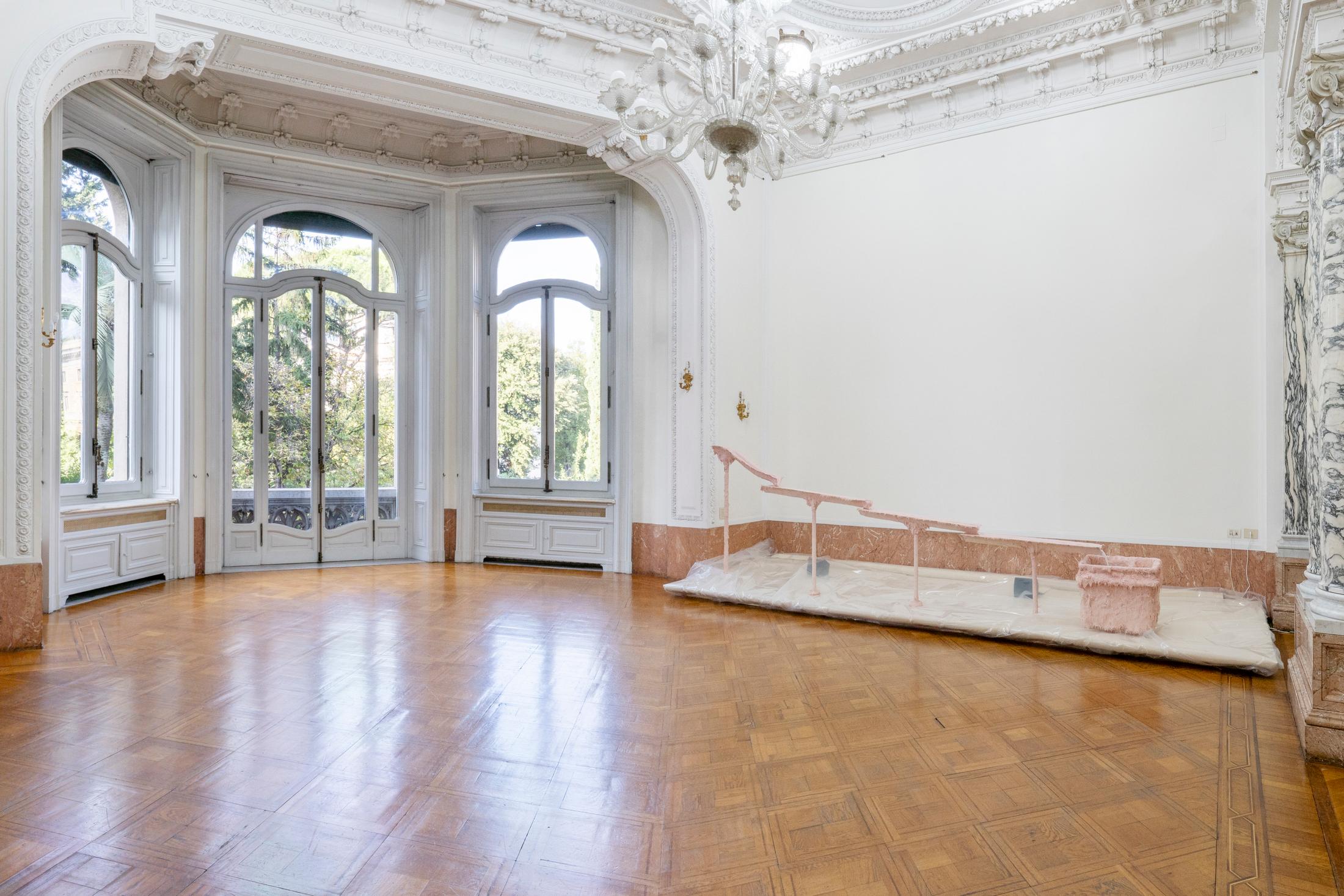 Exhibition View Solo Show Shahryar Nashat «Blood Most Precious; view on Bleeding Precious, 2024, acrylic resin, fiber glass, water, pigment, water pump mechanism, steel, 180 × 600 cm» at Istituto Svizzero, Rome, 2024 / Photo: Ela Bialkowska, OKNO studio / Courtesy: Gladstone Gallery and Sylvia Kouvali