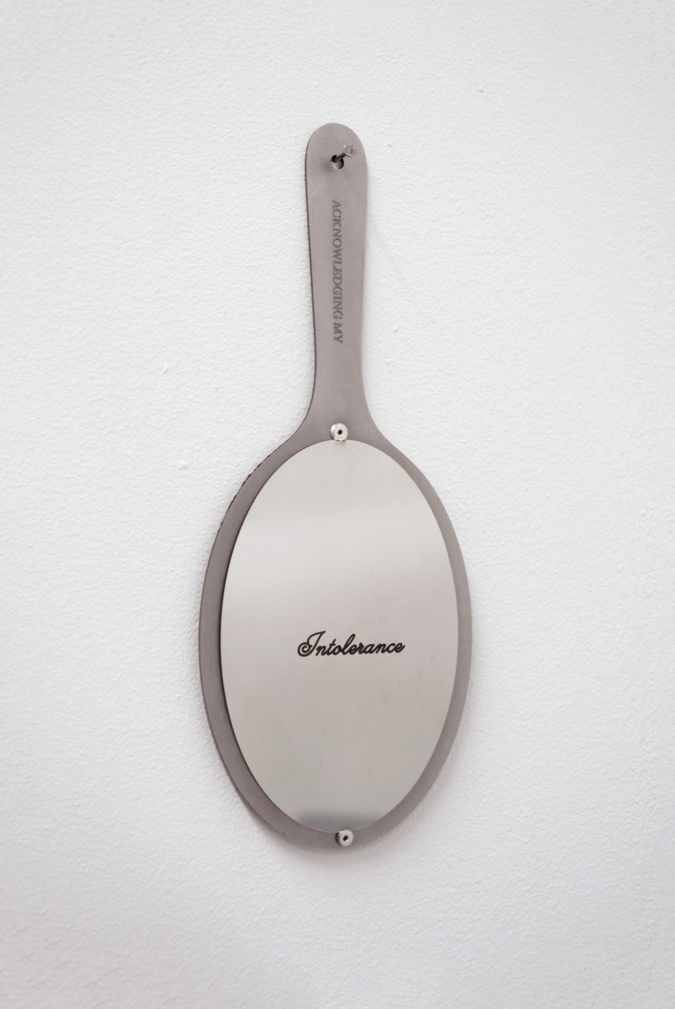 Exhibition View Solo Show Sofía Durrieu «NN –|– ME ; view on Hand Mirrors, Steel, 2025, laser-engraved stainless steel, 15 pieces, each 10,5 x 26 x 0,3 cm» at Altefabrik Rapperswil-Jona, Rapperswil, 2025 / Photo: Sebastian Schaub, Sofía Durrieu / Courtesy: the artist and Altefabrik Rapperswil-Jona