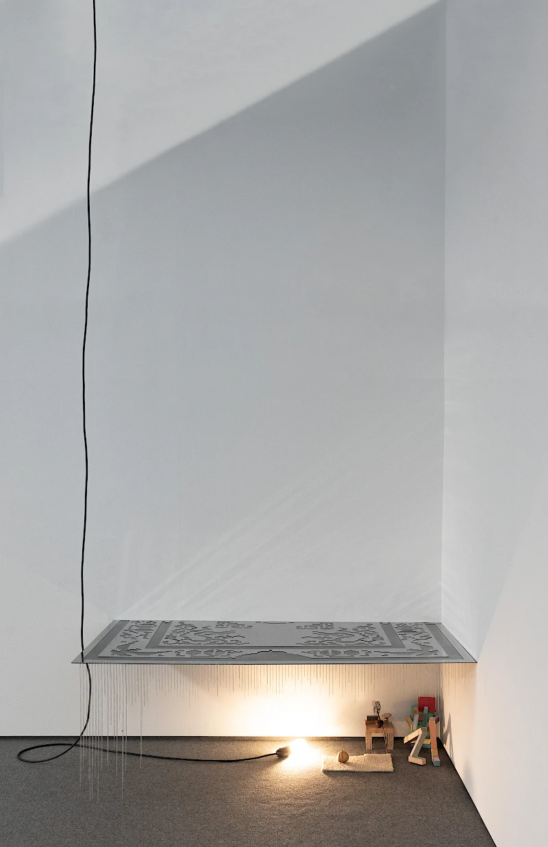 Exhibition View Solo Show Sofía Durrieu «NN –|– ME ; view on Petite Sacrée Géometrie, 2025, Steel, stainless steel, wood, acrylic paint, bronze, dry avocado seed, copper leadf, cable, filament lightbulb, chain, 128,5 x 50 x 64,5 cm» at Altefabrik Rapperswil-Jona, Rapperswil, 2025 / Photo: Sebastian Schaub, Sofía Durrieu / Courtesy: the artist and Altefabrik Rapperswil-Jona