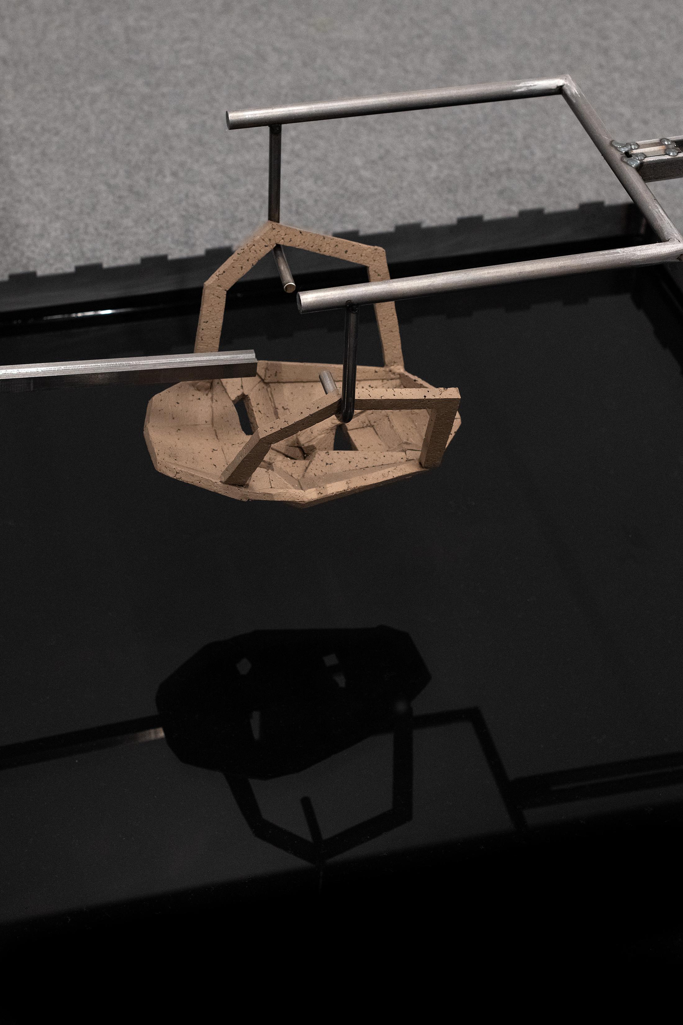 Exhibition View Solo Show Sofía Durrieu «NN –|– ME ; view on Impossible Fountain of me, 2025, Steel, red bronze, dark fluid, chain, 420 x 340 x 247 cm» at Altefabrik Rapperswil-Jona, Rapperswil, 2025 / Photo: Sebastian Schaub, Sofía Durrieu / Courtesy: the artist and Altefabrik Rapperswil-Jona