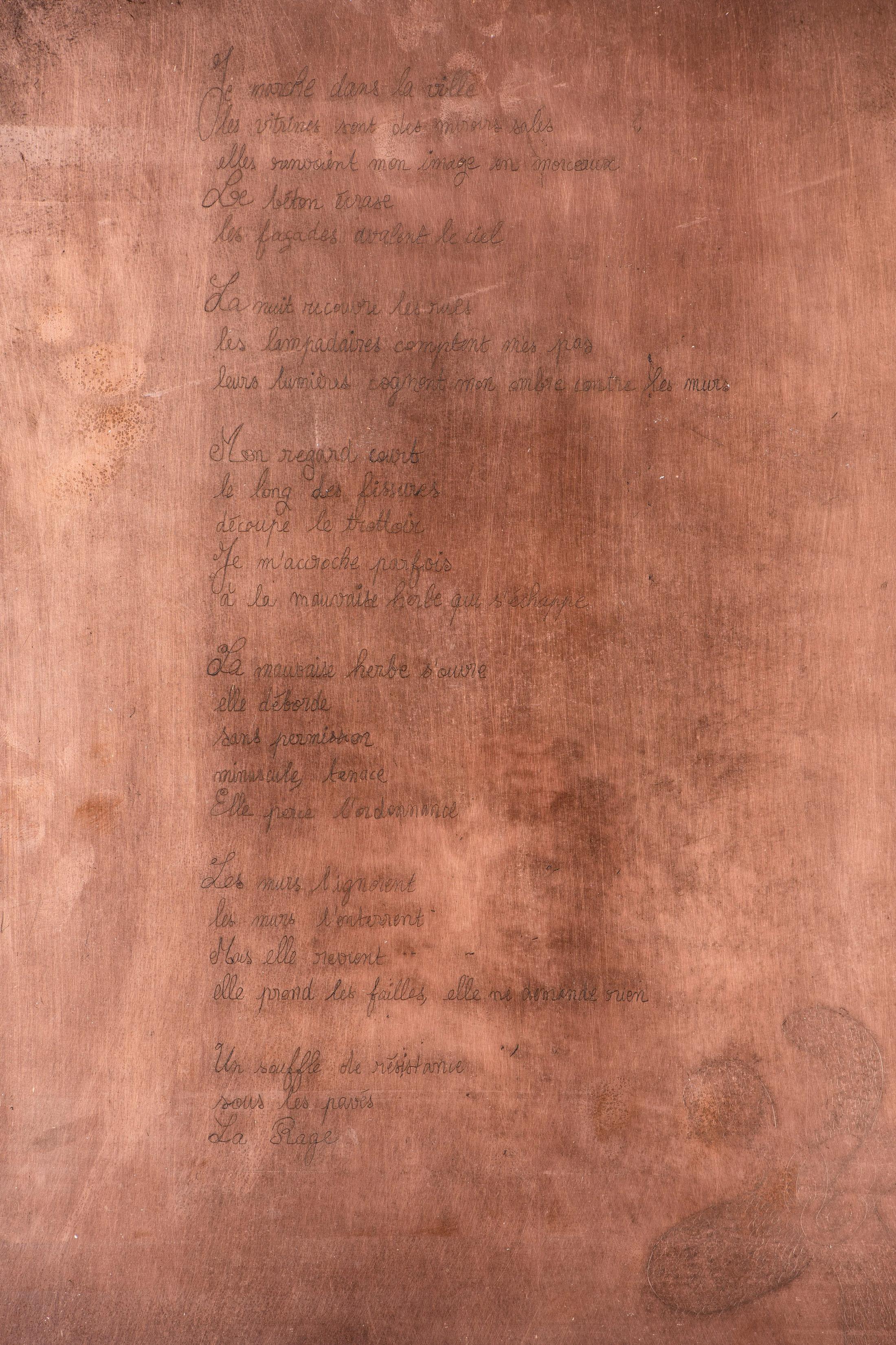 Exhibition View Solo Show Sophie Conus «Little ways down the road ; view on Under the pavement, the Rage (Detail), 2024, copper» at Salle Crosnier, Palais de l'Athénée, Geneva, 2024 / Photo: Guillaume Python / Courtesy: the artist, Palais de l'Athénée