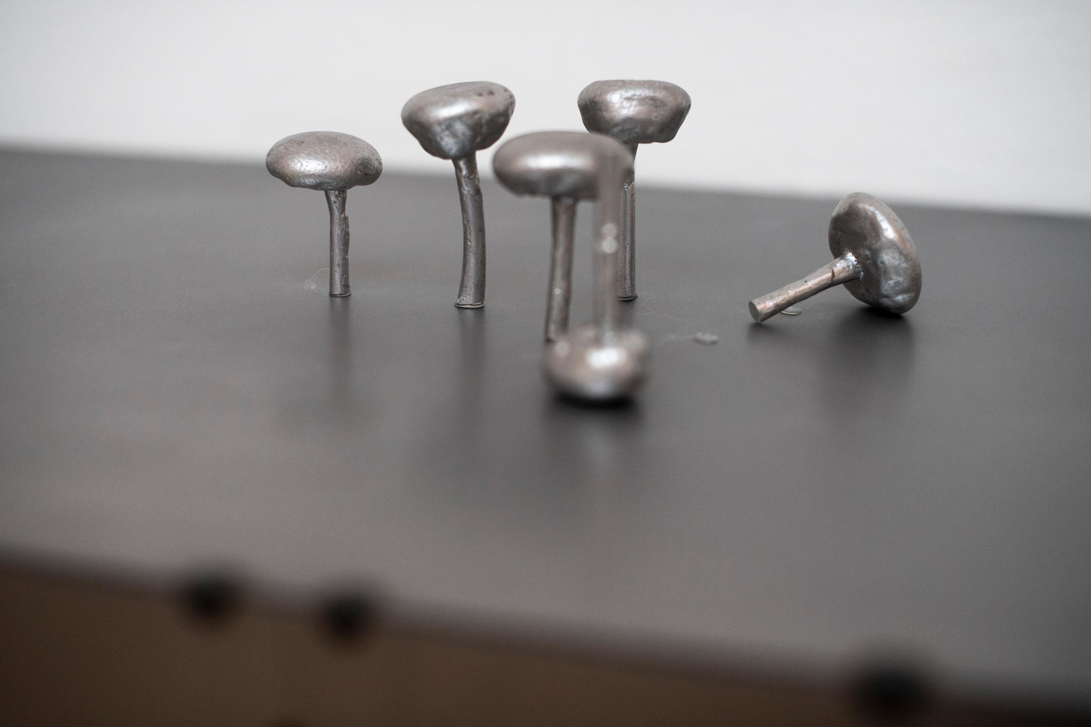 Exhibition Text Solo Show Sophie Conus «Little ways down the road ; view on In silence (Detail), 2024, steel, aluminum» at Salle Crosnier, Palais de l'Athénée, Geneva, 2024 / Photo: Guillaume Python / Courtesy: the artist and Palais de l'Athénée