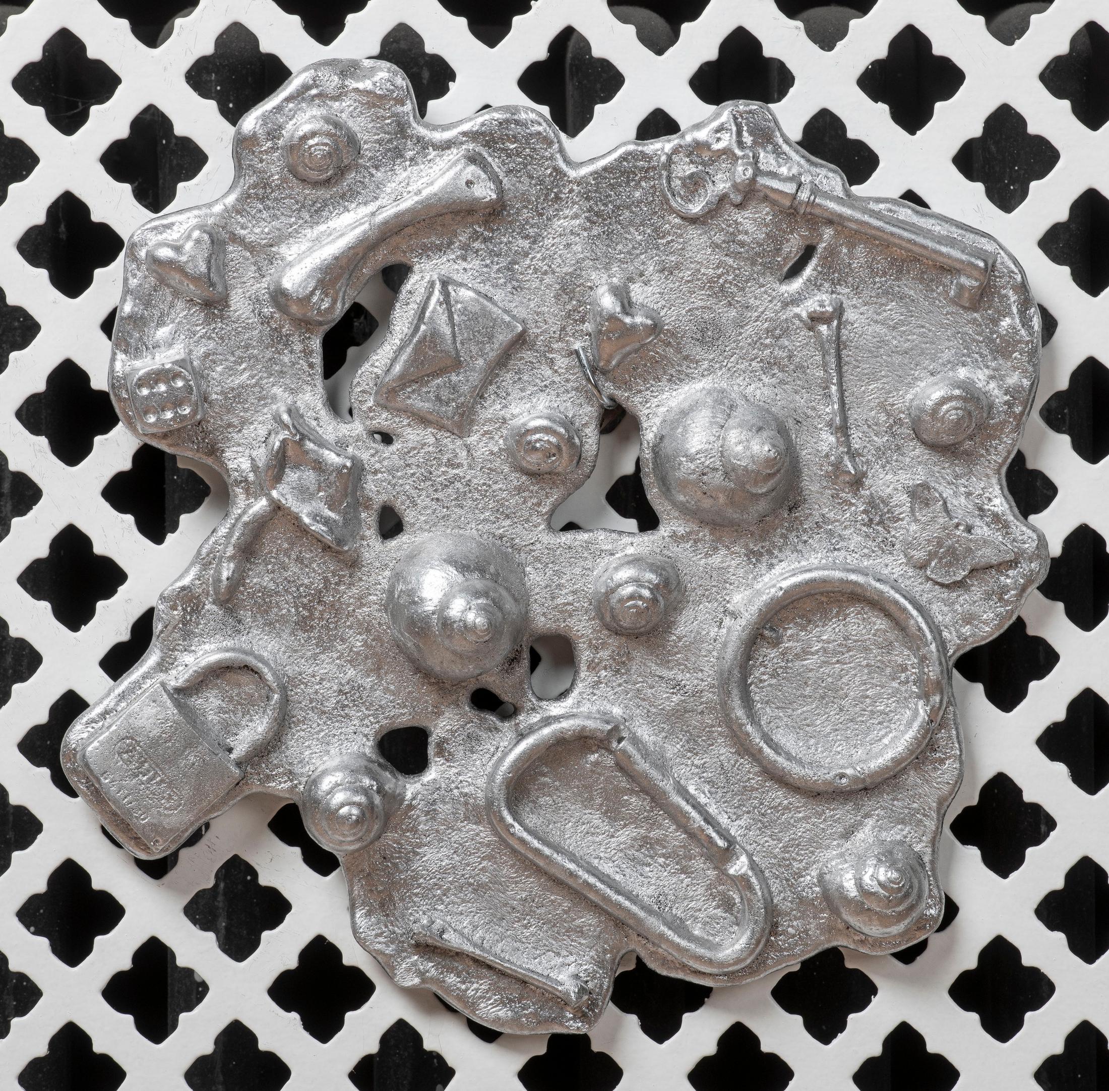 Exhibition View Solo Show Sophie Conus «Little ways down the road ; view on What comes out of a trinket bowl, 2024, aluminium» at Salle Crosnier, Palais de l'Athénée, Geneva, 2024 / Photo: Guillaume Python / Courtesy: the artist and Palais de l'Athénée