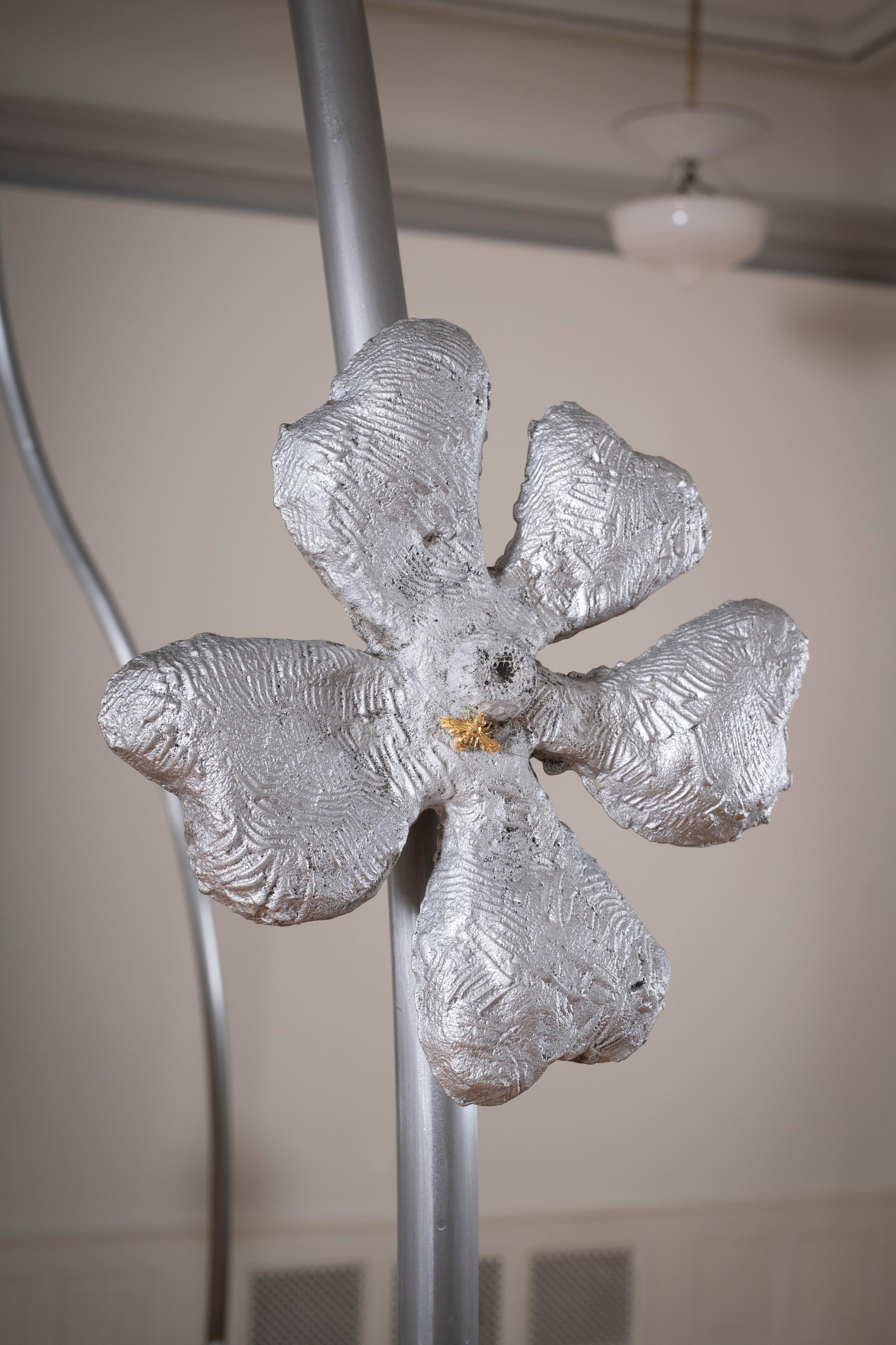 Exhibition Text Solo Show Sophie Conus «Little ways down the road ; view on Bad Weeds (Detail), 2024, steel, aluminum, and Gold bees, 1960, Society of the Arts archives» at Salle Crosnier, Palais de l'Athénée, Geneva, 2024 / Photo: Guillaume Python / Courtesy: the artist, Palais de l'Athénée and Society of the Arts archives