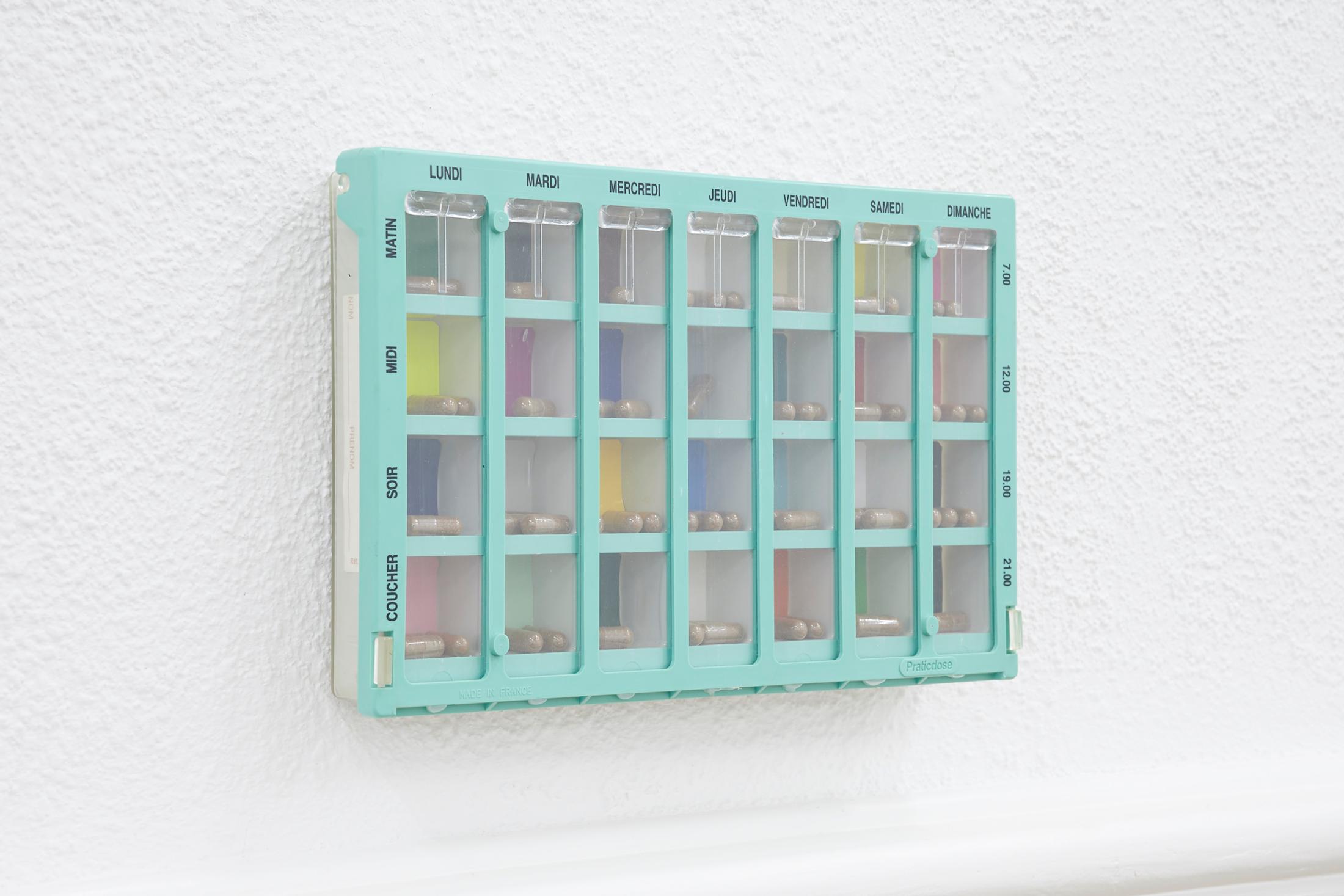 Exhibition View Group Show «Sweet Crip; view on Benoît Piéron, Pillbox of Dungeness seed bombs, 2018, 32 cm x 20 cm x 4,5 cm» at Krone Couronne, Biel, 2023 / Photo: Alizée Quinche / Courtesy: the artist and Krone Couronne