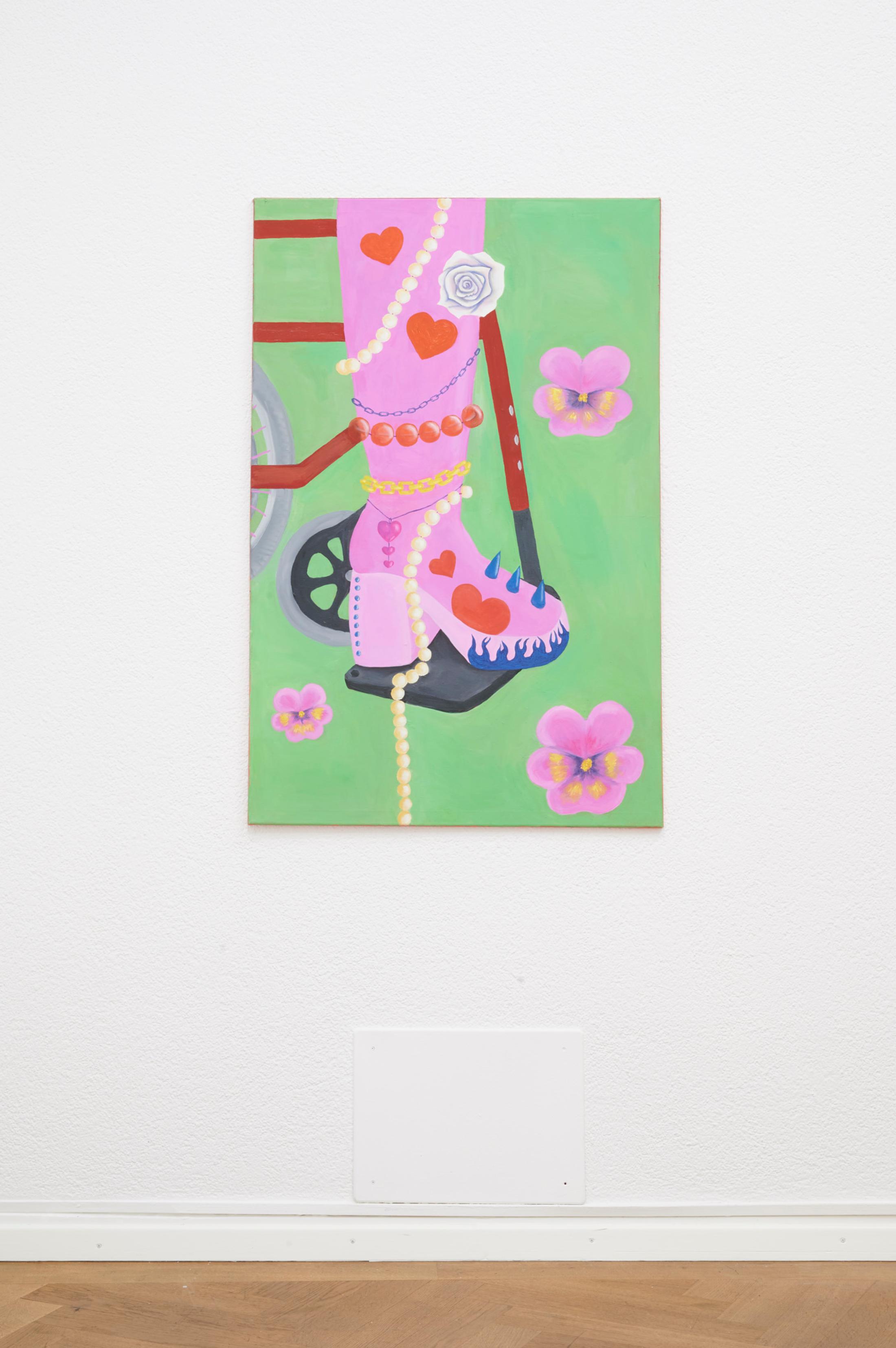 Exhibition View Group Show «Sweet Crip; view on Sahara Azzeg, ableims kill, 2023, Oil on painting» at Krone Couronne, Biel, 2023 / Photo: Alizée Quinche / Courtesy: the artist and Krone Couronne