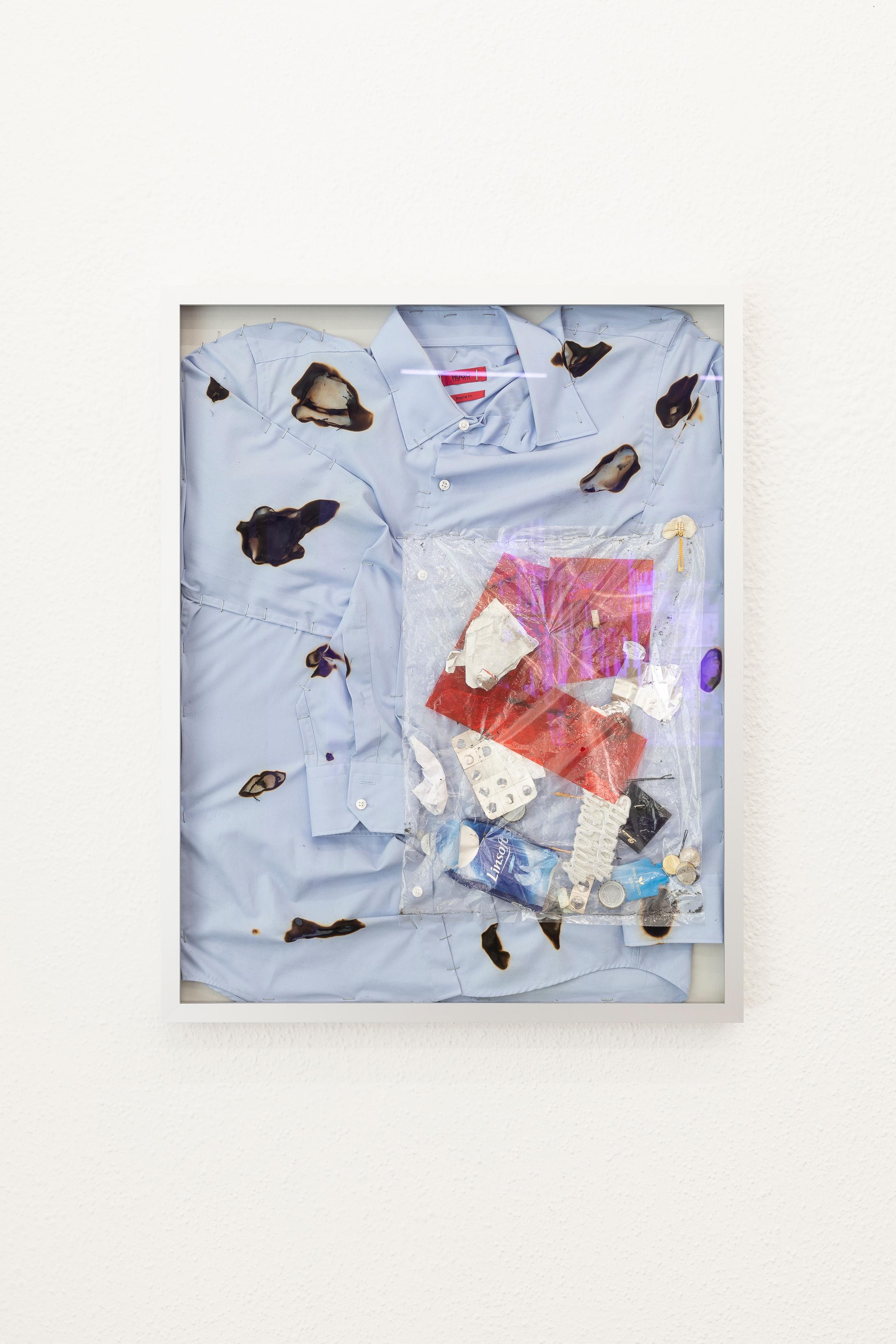 Exhibition View Group Show «THE GLEANERS; view on Sitara Abuzar Ghaznawi, Male extinction 1, Male extinction 3, Mixed media and shirts, 75 x 55 cm» at Krone Couronne, Biel, 2023 / Photo: Michal Florence Schorro / Courtesy: the artist and Galerie Maria Bernheim