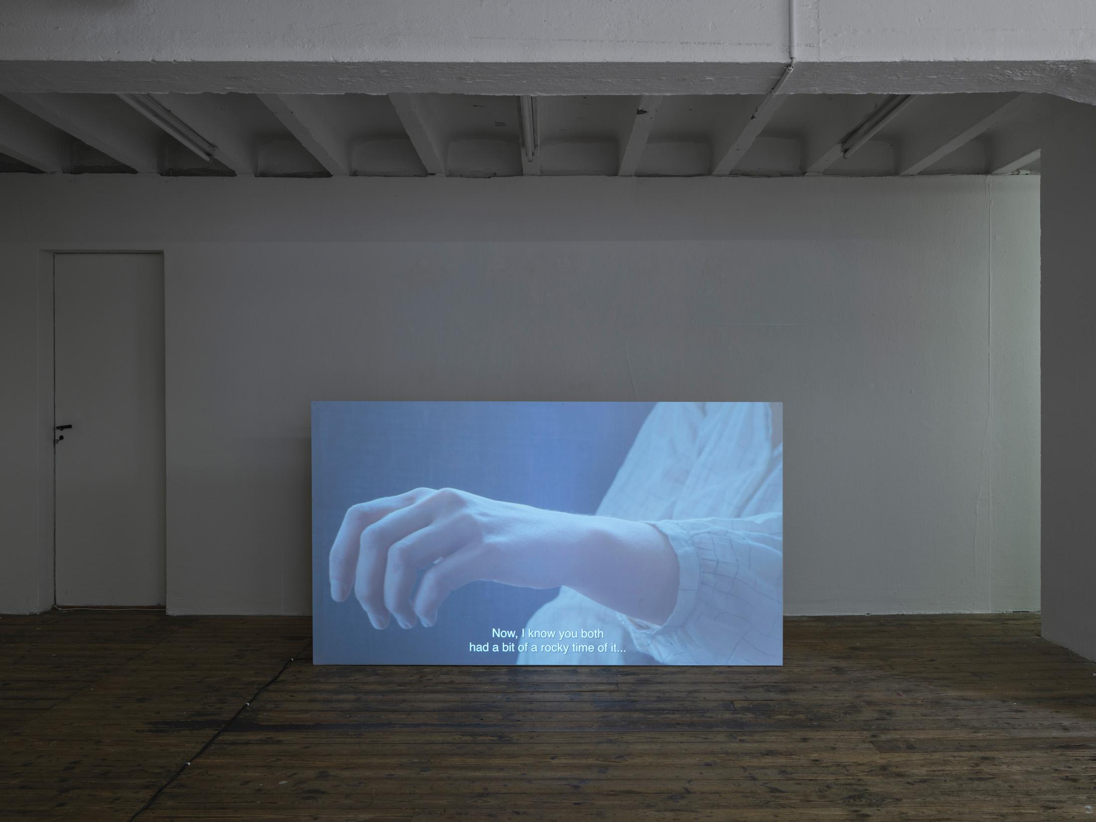 Exhibition View Group Show «The House, the Paste, the Weather (part 1); view on Mădălina Zaharia, Bye Bye Confidence, Color, sound, 18’, 2024» at Stiftung Binz39, Zurich, 2024-2025 / Photo: Conradin Frei / Courtesy: the artists and Stiftung Binz39