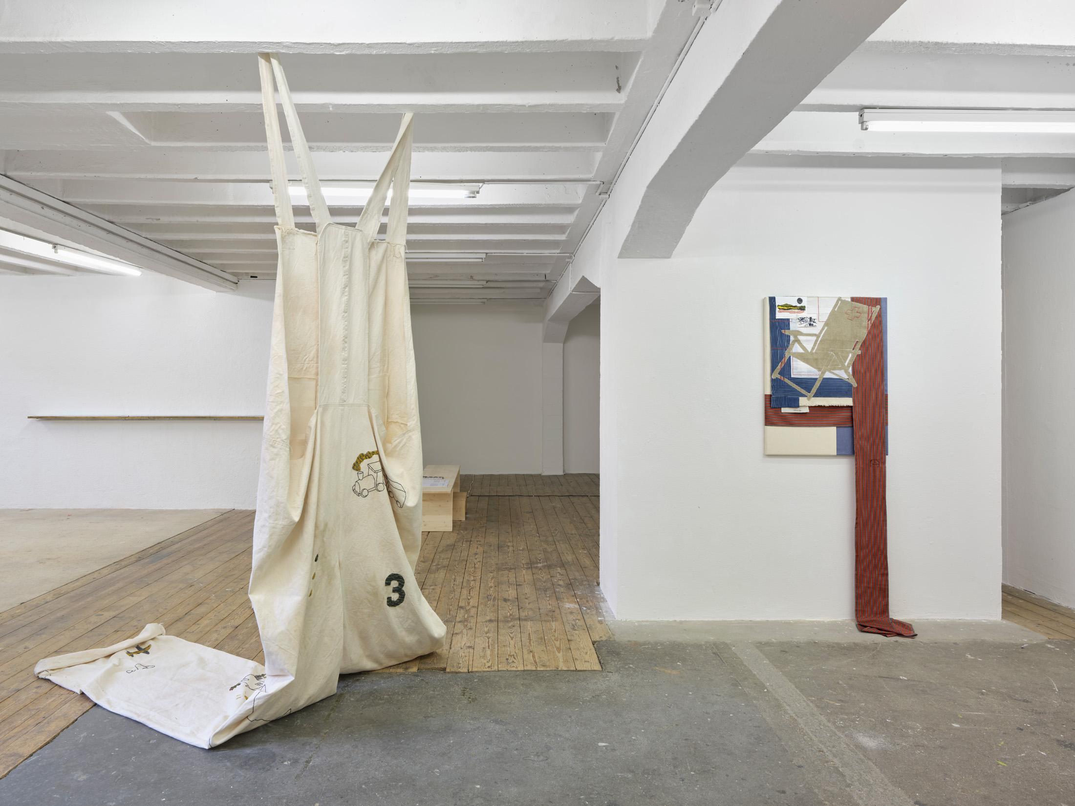 Exhibition View Group Show «The House, the Paste, the Weather (part 1); view on Joachim Perez, Là où ça traîne, Wool embroidery on dyed cotton, 2024 ; A Little Too Far, wool and cotton embroidery and vintage japanese textiles
appliqué, 2024» at Stiftung Binz39, Zurich, 2024-2025 / Photo: Conradin Frei / Courtesy: the artists and Stiftung Binz39