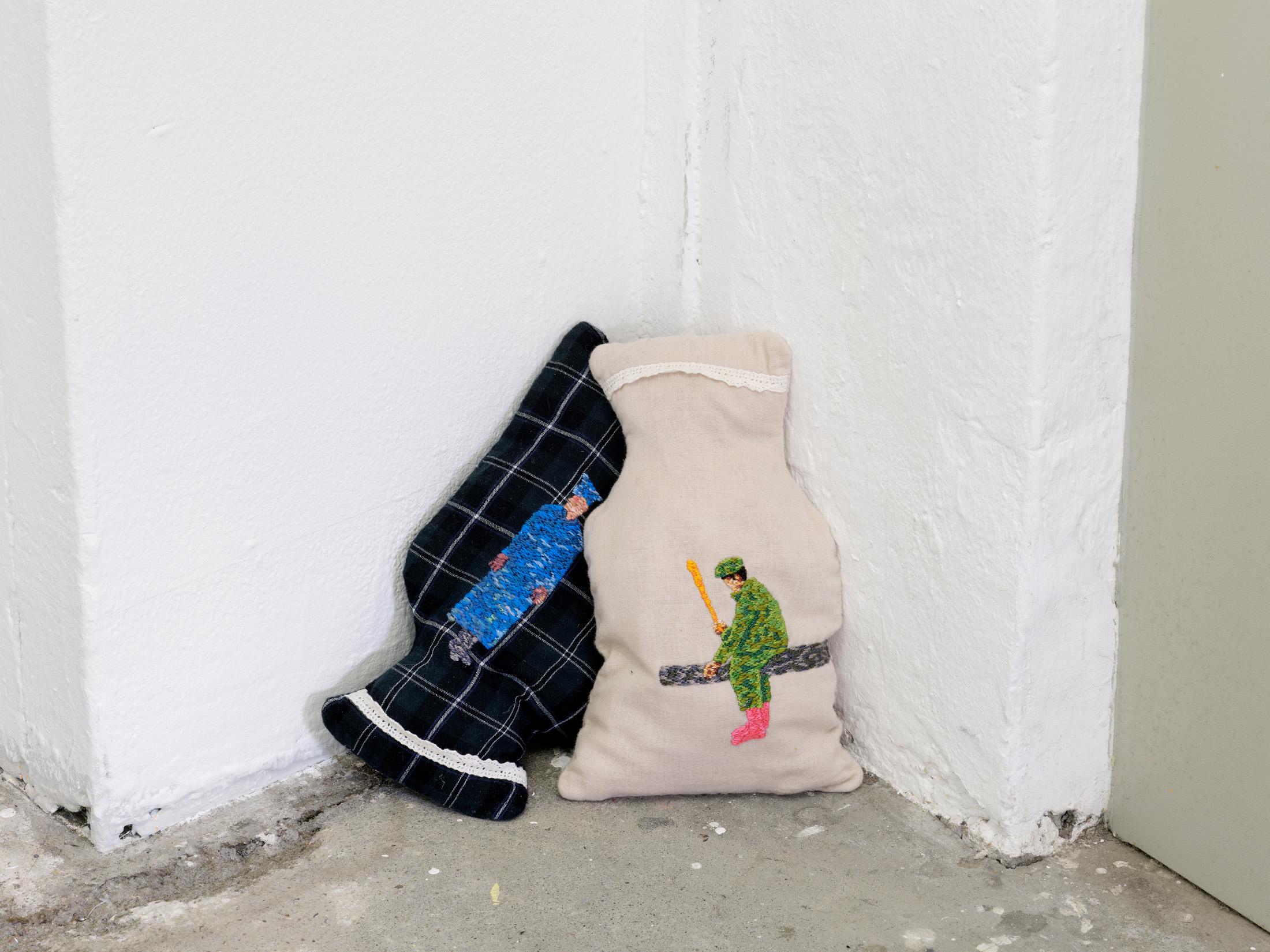 Exhibition View Group Show «The House, the Paste, the Weather (part 1); view on Joachim Perez, While We Wait, Embroidery on found cotton (2 pieces), 2024» at Stiftung Binz39, Zurich, 2024-2025 / Photo: Conradin Frei / Courtesy: the artists and Stiftung Binz39