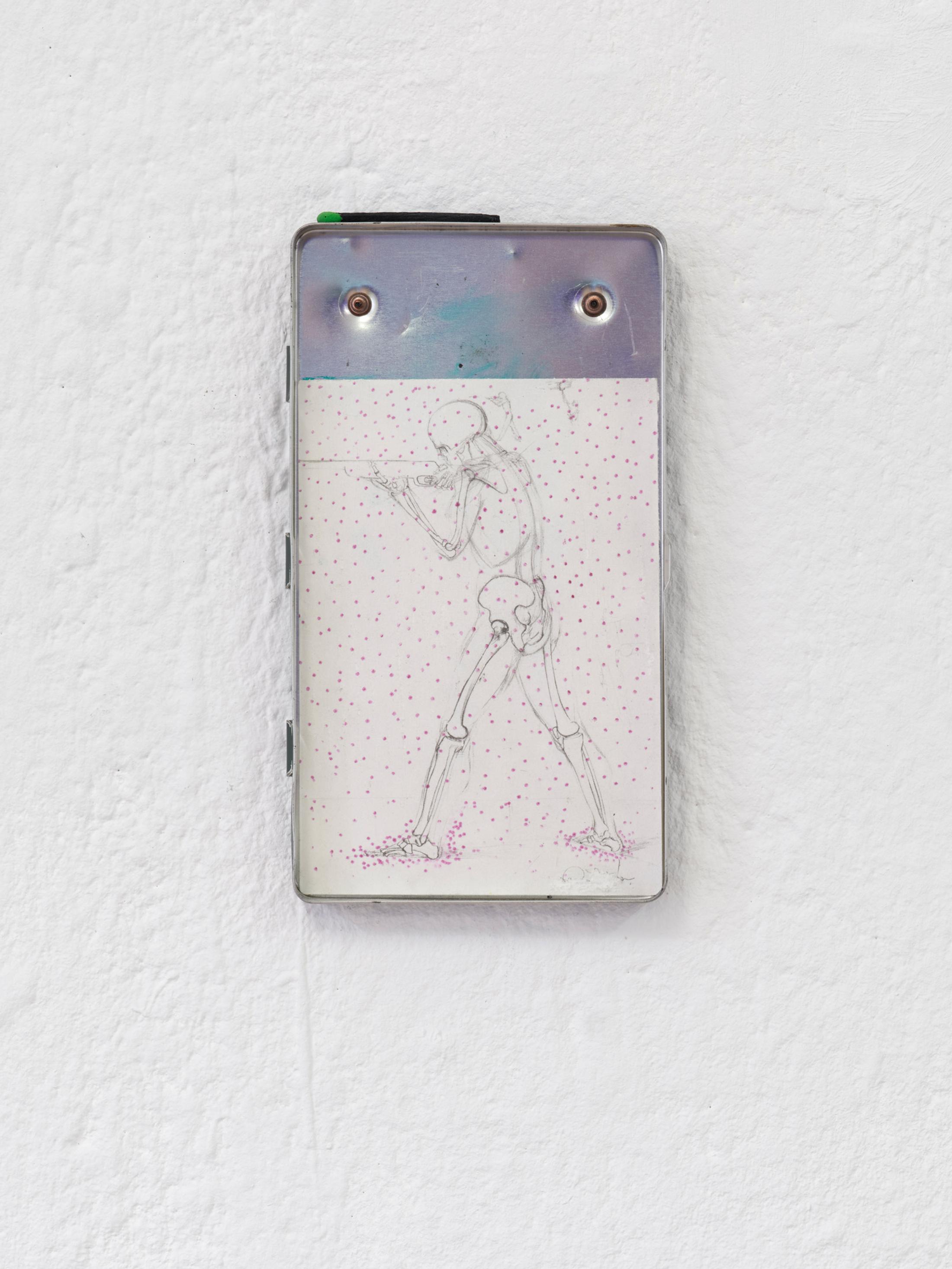 Exhibition View Group Show «The House, the Paste, the Weather (part 1); view on Lorenzo de Bellis, Snowy silly sick, Exhausted pink marker on found drawing, faber castle metal box, rivets, a pair of matches, 2024» at Stiftung Binz39, Zurich, 2024-2025 / Photo: Conradin Frei / Courtesy: the artists and Stiftung Binz39