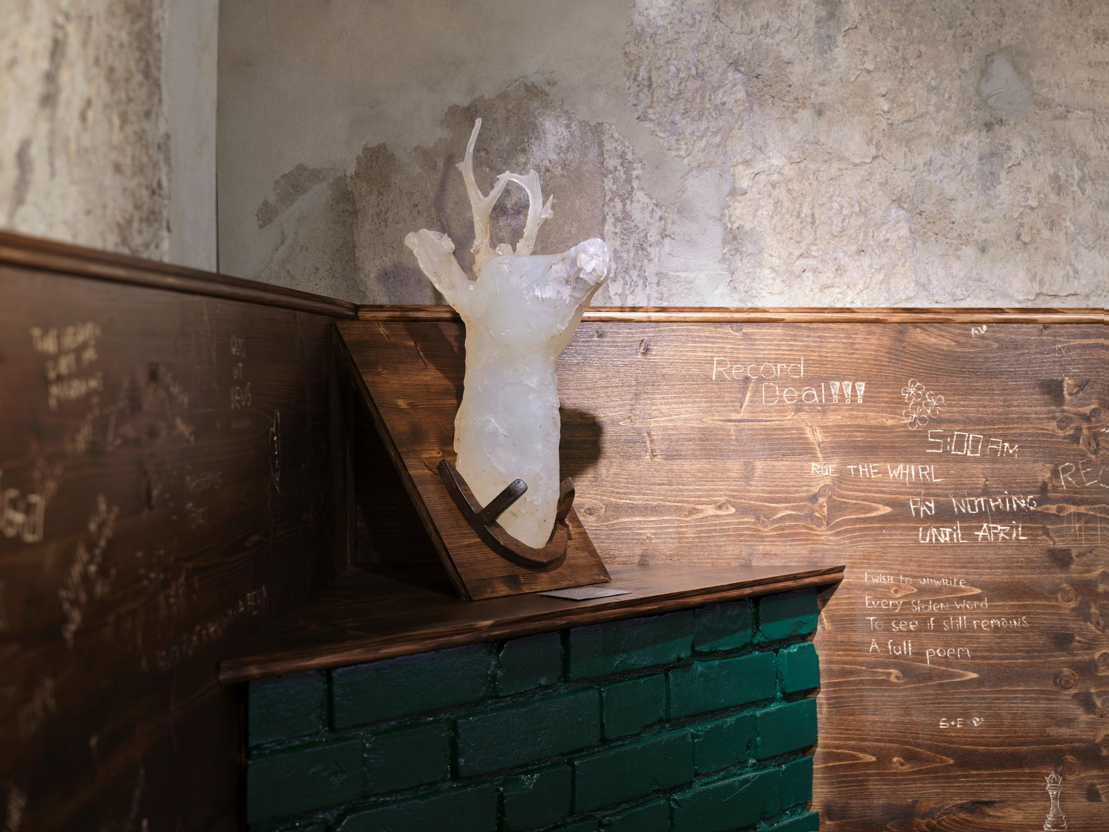 Exhibition View Group Show «The Red Herring; view on Carlo Travaglia, Rito decimo (Alexander Immanuel) and Collective work, Bathroom poetry (detail), 2024» at Cabaret Voltaire Artists’ Bar, Zurich, 2025 / Photo: Philipp Hänger / Courtesy: the artists and Cabaret Voltaire