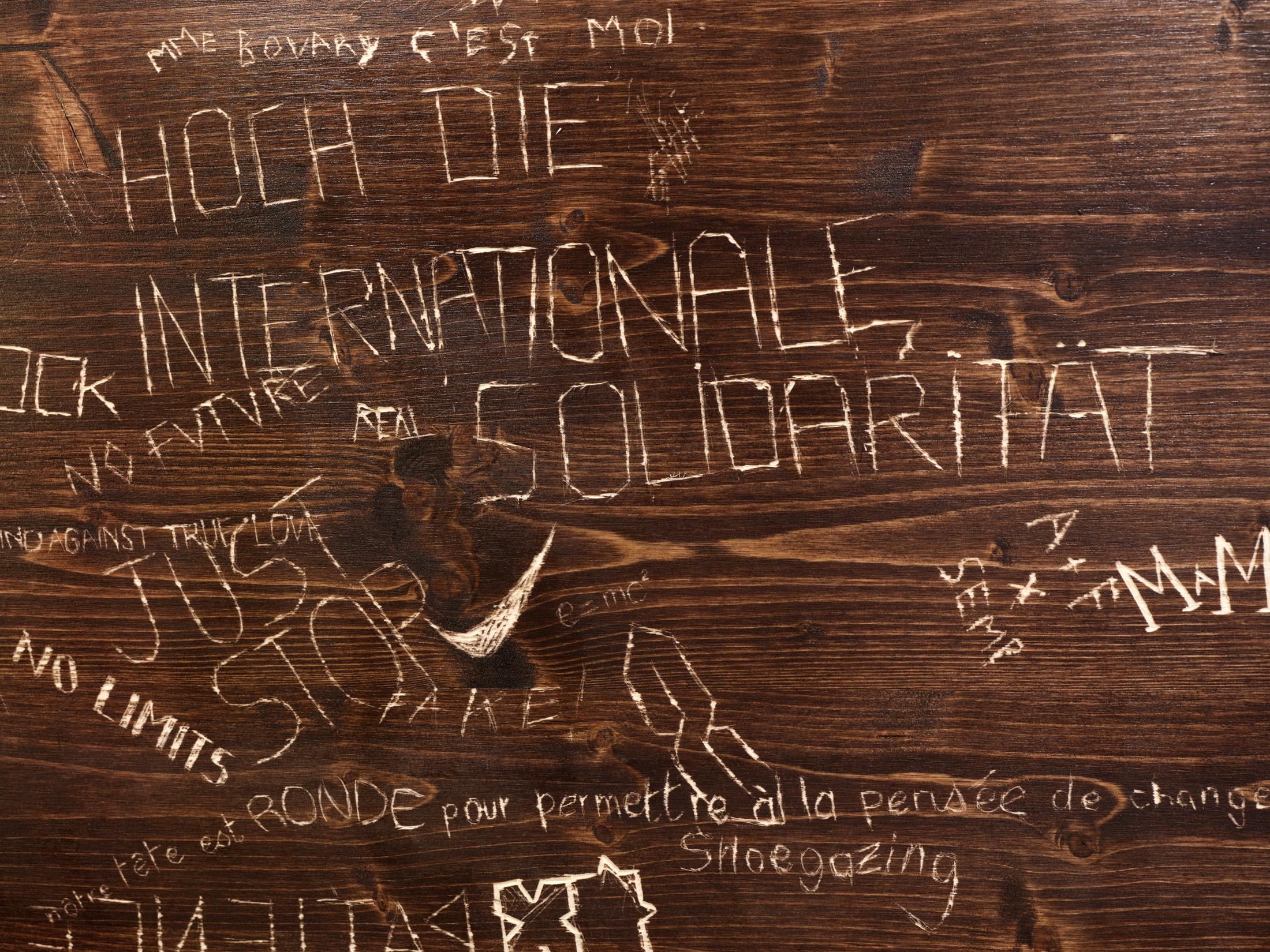 Exhibition View Group Show «The Red Herring; view on Collective work, Bathroom poetry (detail), 2024» at Cabaret Voltaire Artists’ Bar, Zurich, 2025 / Photo: Philipp Hänger / Courtesy: the artists and Cabaret Voltaire