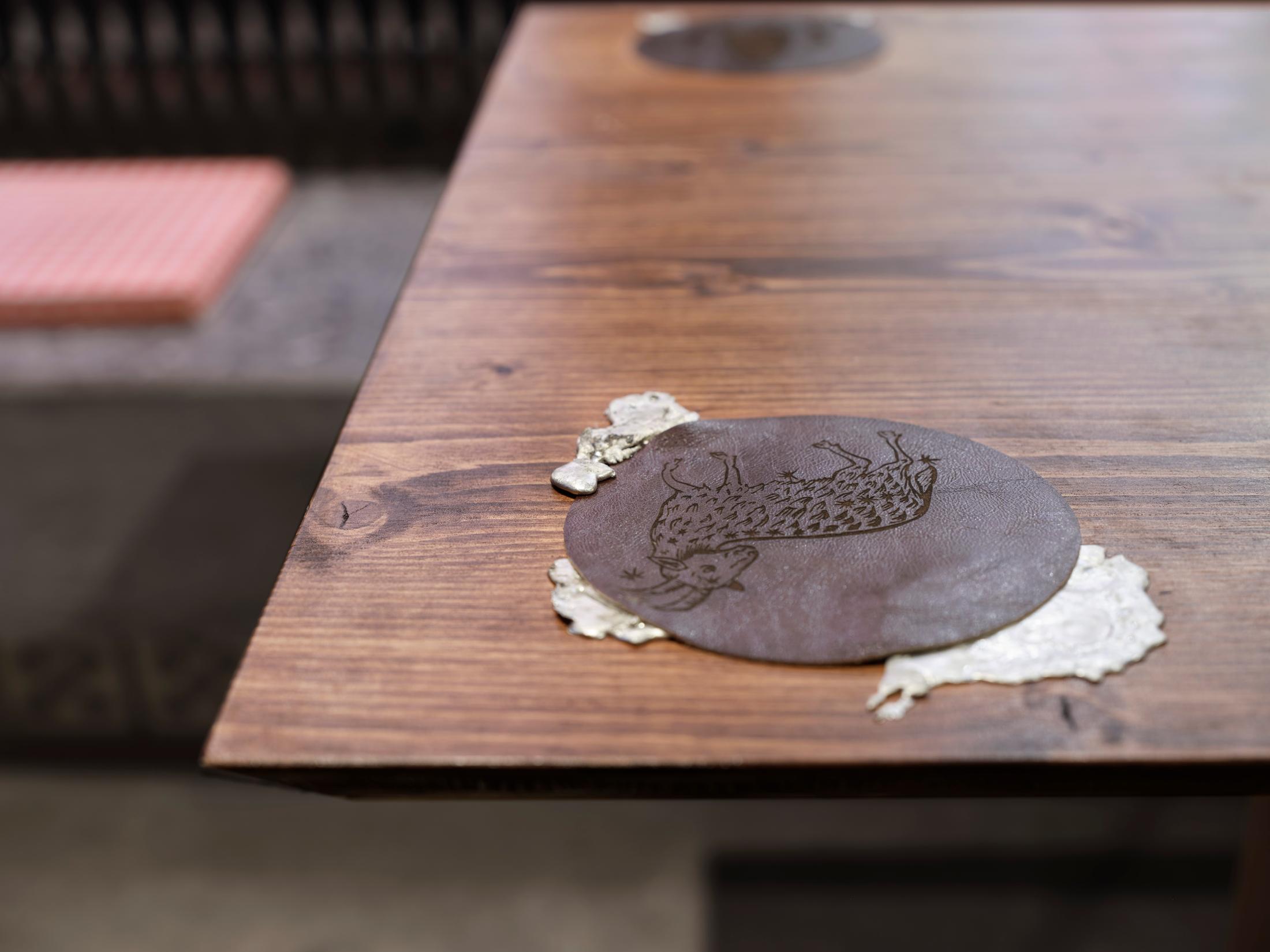 Exhibition View Group Show «The Red Herring; view on Elena Barmpa, Untitled (from the Fortune-telling series) (detail), 2024» at Cabaret Voltaire Artists’ Bar, Zurich, 2025 / Photo: Philipp Hänger / Courtesy: the artists and Cabaret Voltaire