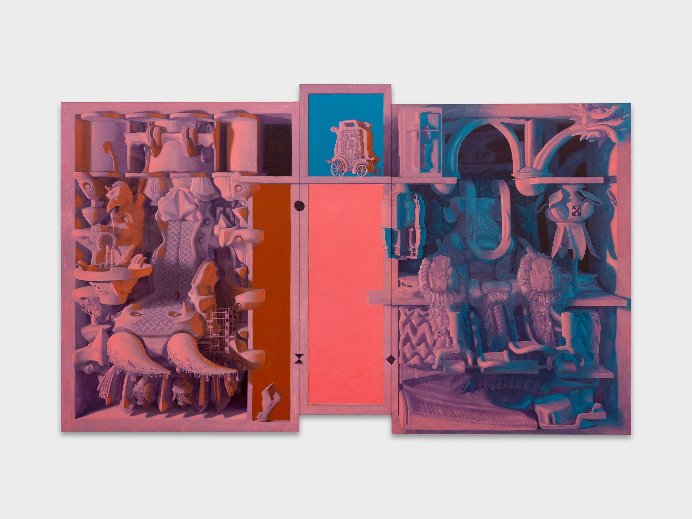 Exhibition View Tom Waring Solo Show «A Robot Never Made Me Laugh; view on Tom Waring, Hiur, 2023, Oil on linen, Triptych, 180 x 310 x 5 cm» at Galerie Maria Bernheim, Zurich, 2023 / Photo: Annik Wetter / Courtesy: the artist and Galerie Maria Bernheim