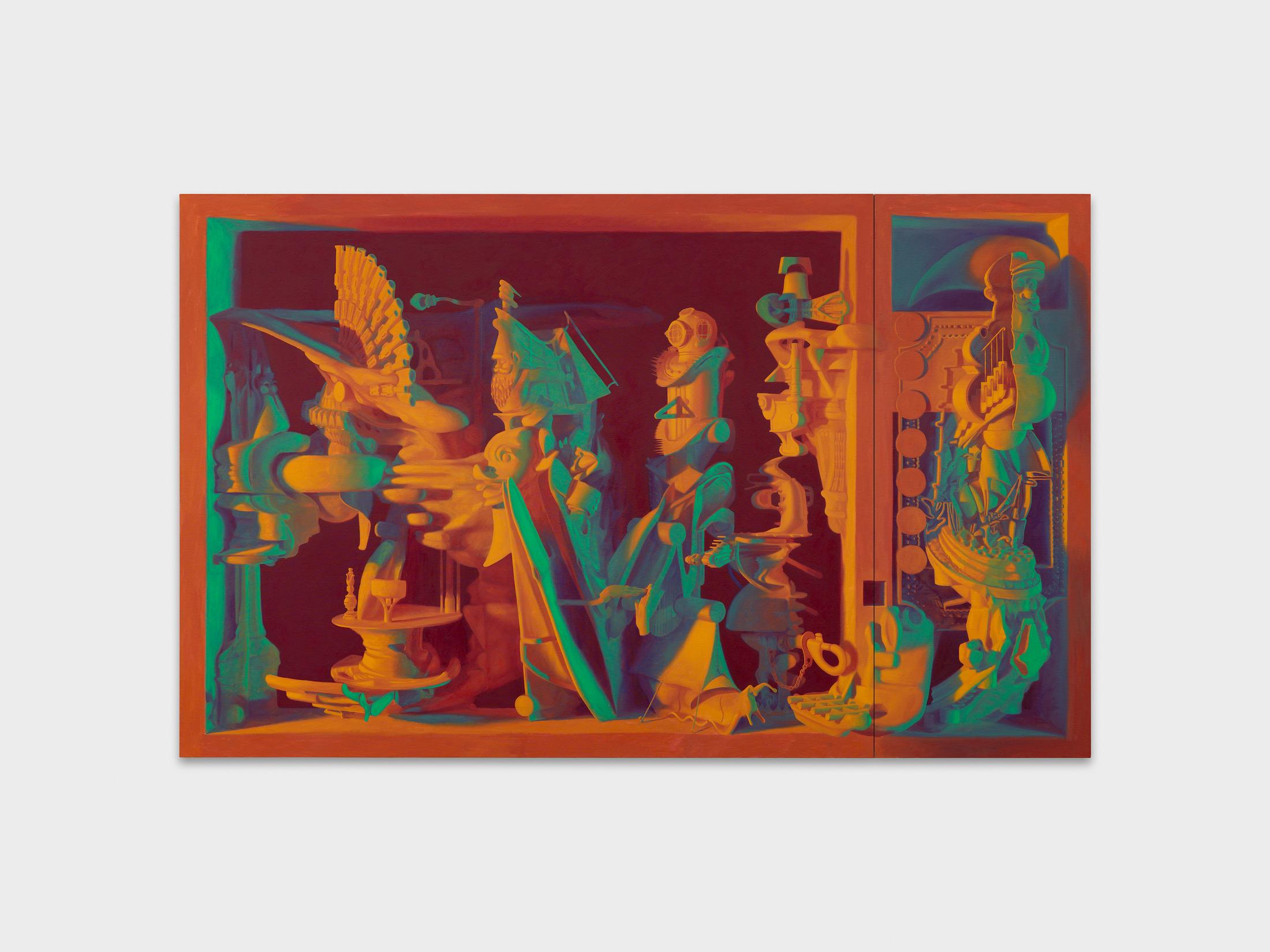 Exhibition View Tom Waring Solo Show «A Robot Never Made Me Laugh; view on Tom Waring, Staffures, 2023, Oil on linen, Diptych, 130 x 210 x 5 cm» at Galerie Maria Bernheim, Zurich, 2023 / Photo: Annik Wetter / Courtesy: the artist and Galerie Maria Bernheim