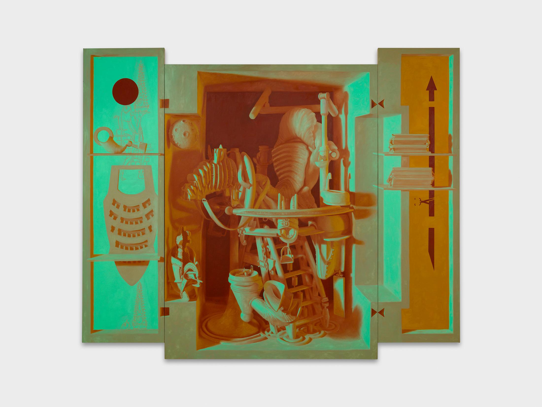 Exhibition View Tom Waring Solo Show «A Robot Never Made Me Laugh; view on Tom Waring, Raquinere, 2023, Oil on linen, Triptych, 180 x 230 x 5 cm» at Galerie Maria Bernheim, Zurich, 2023 / Photo: Annik Wetter / Courtesy: the artist and Galerie Maria Bernheim