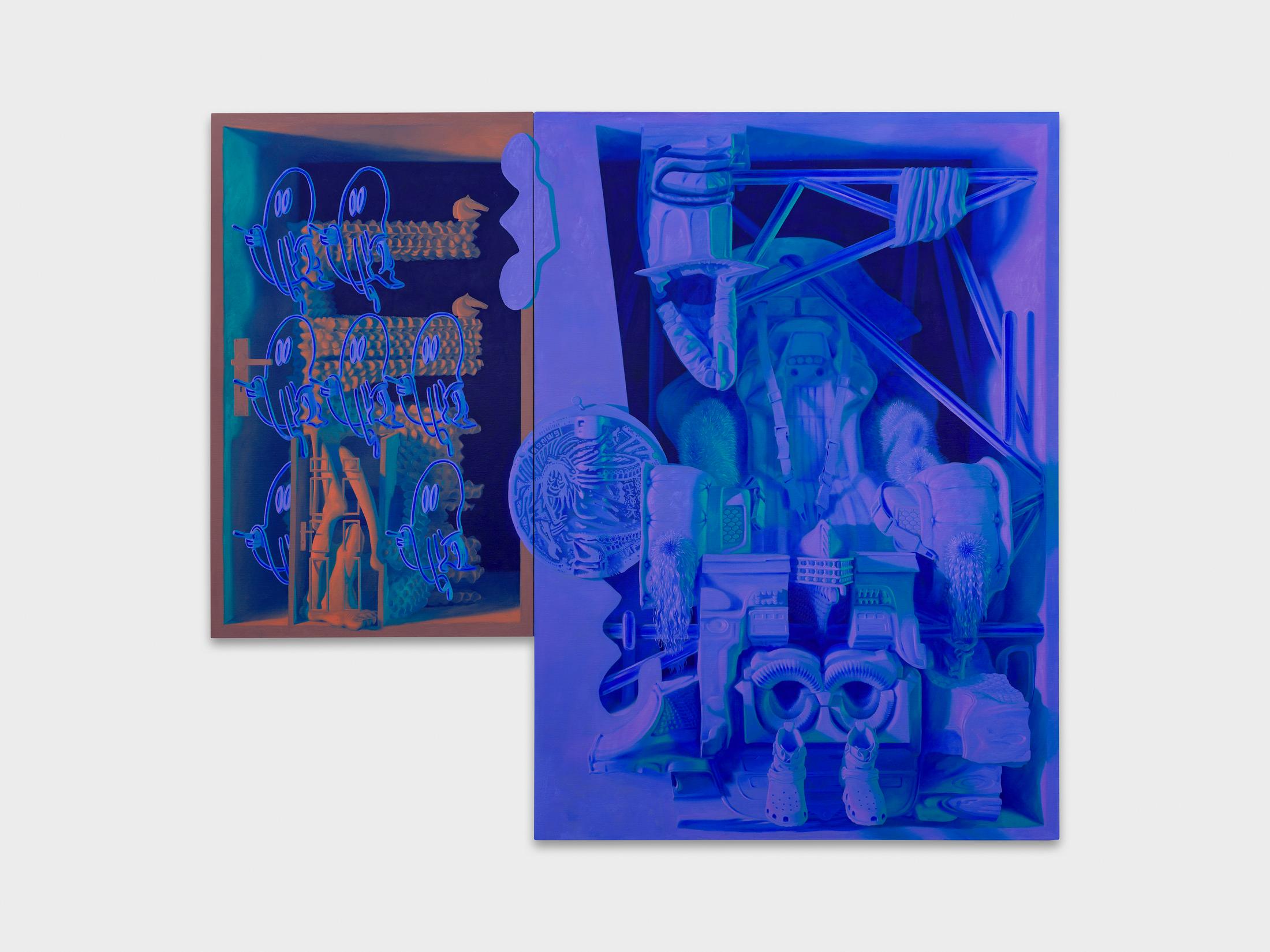 Exhibition View Tom Waring Solo Show «A Robot Never Made Me Laugh; view on Tom Waring, Ergost, 2023, Oil on linen, Diptych, 180 x 210 x 5 cm» at Galerie Maria Bernheim, Zurich, 2023 / Photo: Annik Wetter / Courtesy: the artist and Galerie Maria Bernheim