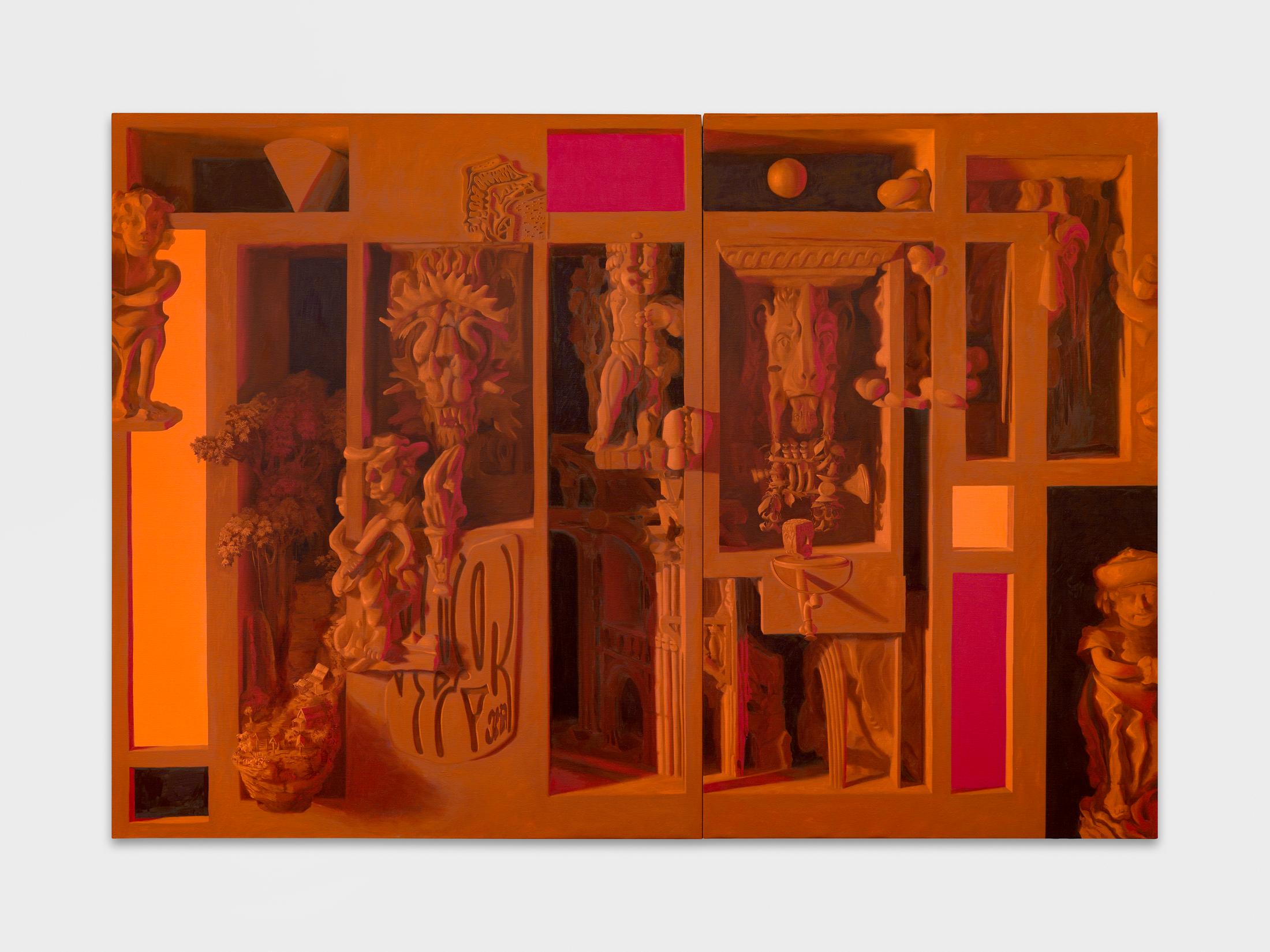 Exhibition View Tom Waring Solo Show «A Robot Never Made Me Laugh; view on Tom Waring, Sheo, 2023, Oil on linen, Diptych, 160 x 210 x 5 cm» at Galerie Maria Bernheim, Zurich, 2023 / Photo: Annik Wetter / Courtesy: the artist and Galerie Maria Bernheim