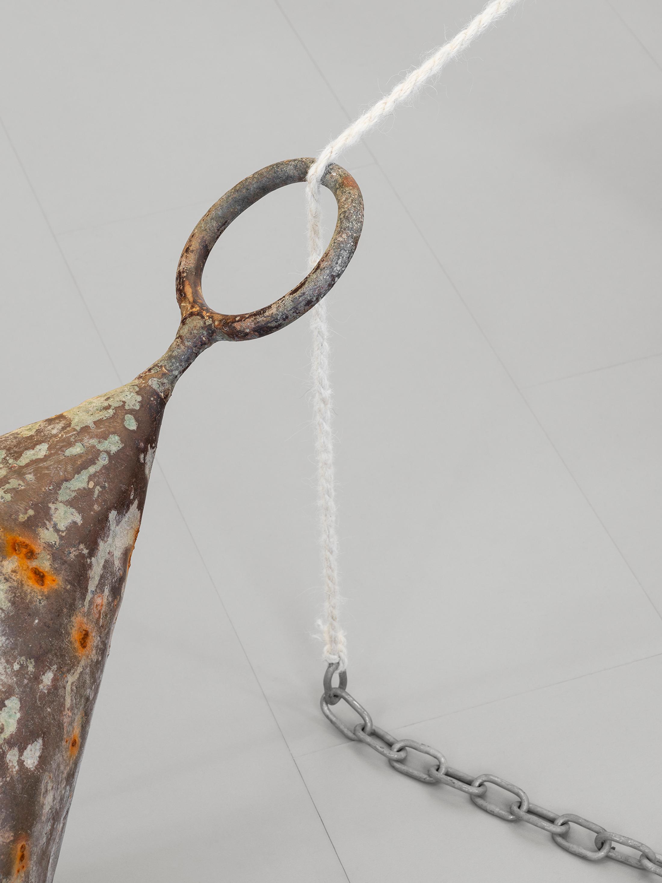 Exhibition View Group Show «Unseen Reconstructions; view on Vladimir Miljević, Transboundary Waters (Fruits of Labour), 2023, coastal wool bags with walnuts and metallic buoys» at La Rada, Locarno, 2023 / Photo: Riccardo Giancola / Courtesy: the artist and La Rada