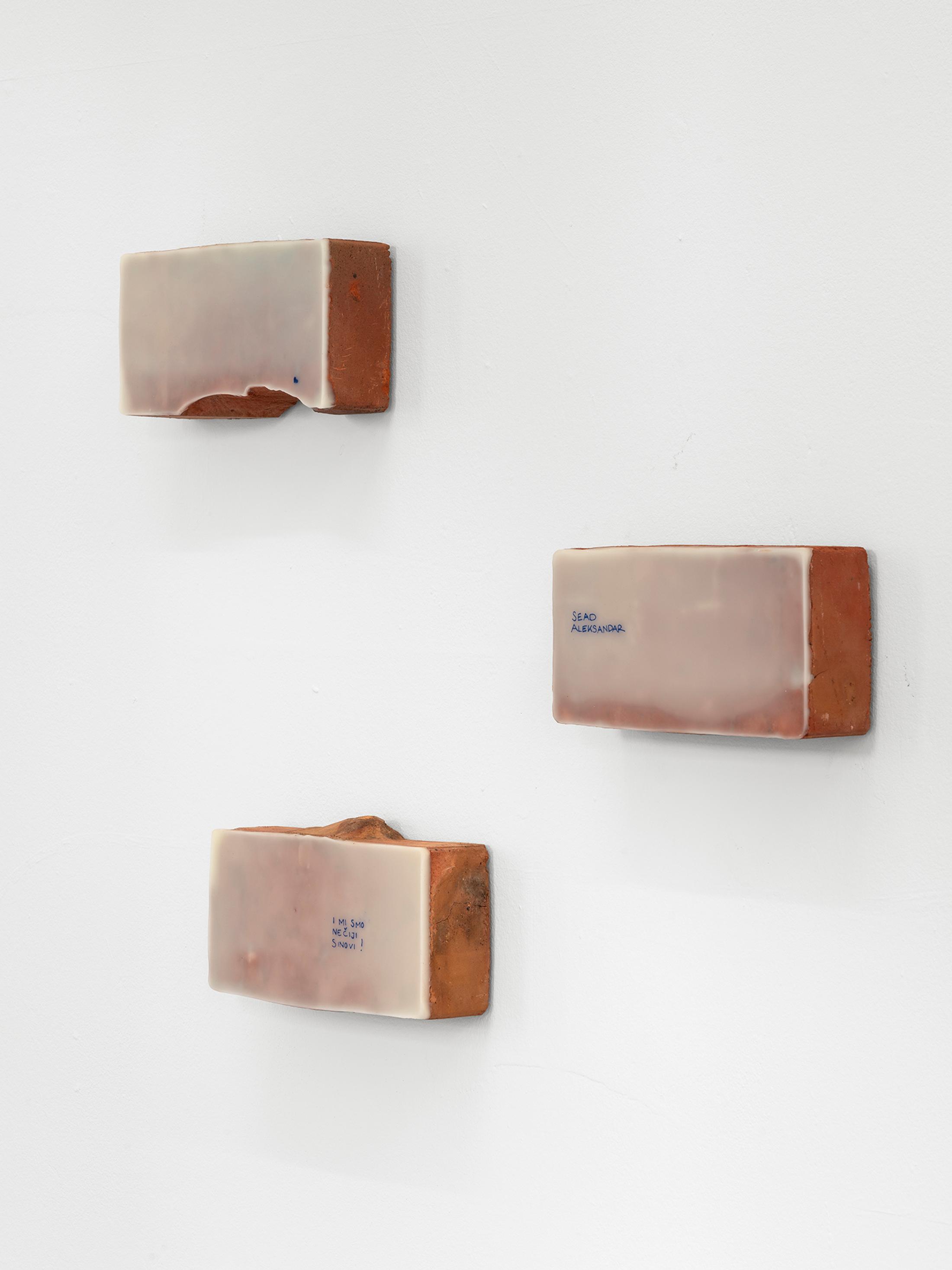 Exhibition View Group Show «Unseen Reconstructions; view on Vladimir Miljević, Carbon Copy Series, 2023, bricks covered with beeswax with words and phrases» at La Rada, Locarno, 2023 / Photo: Riccardo Giancola / Courtesy: the artist and La Rada