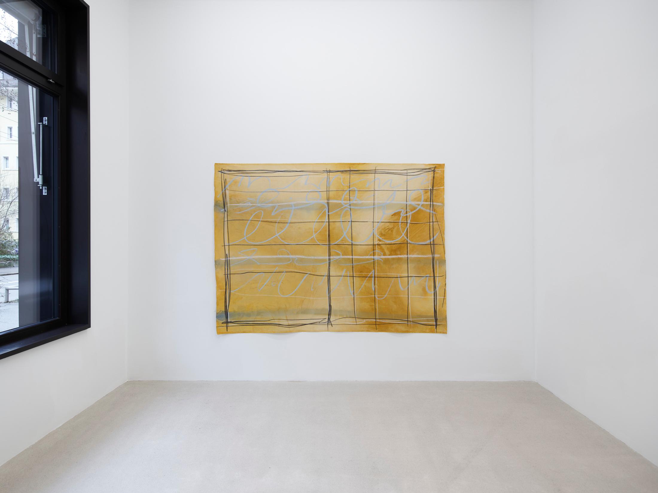 Exhibition View Solo Show Vanessa Disler «Here On Earth ; view on Rules of the Game, 2024, Acrylic, graphite, pastel, chalk on canvas, 157 × 211.5 cm» at Damien & The Love Guru, Zurich, 2025 / Photo: Felix Jungo / Courtesy: the artist and Damien & The Love Guru