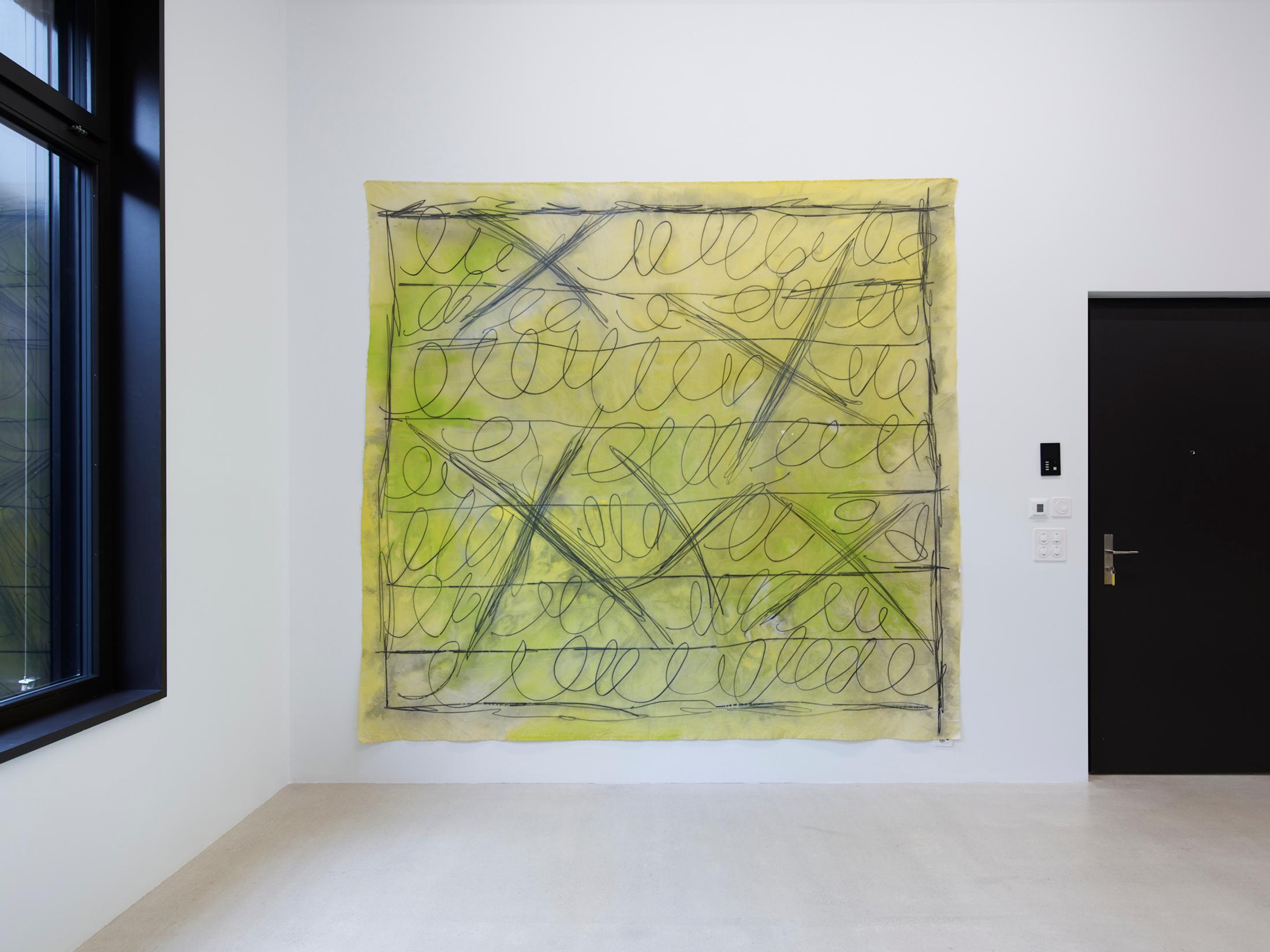 Exhibition View Solo Show Vanessa Disler «Here On Earth ; view on Notes on Time, 2023, Acrylic, graphite on canvas, 257 × 273 cm» at Damien & The Love Guru, Zurich, 2025 / Photo: Felix Jungo / Courtesy: the artist and Damien & The Love Guru