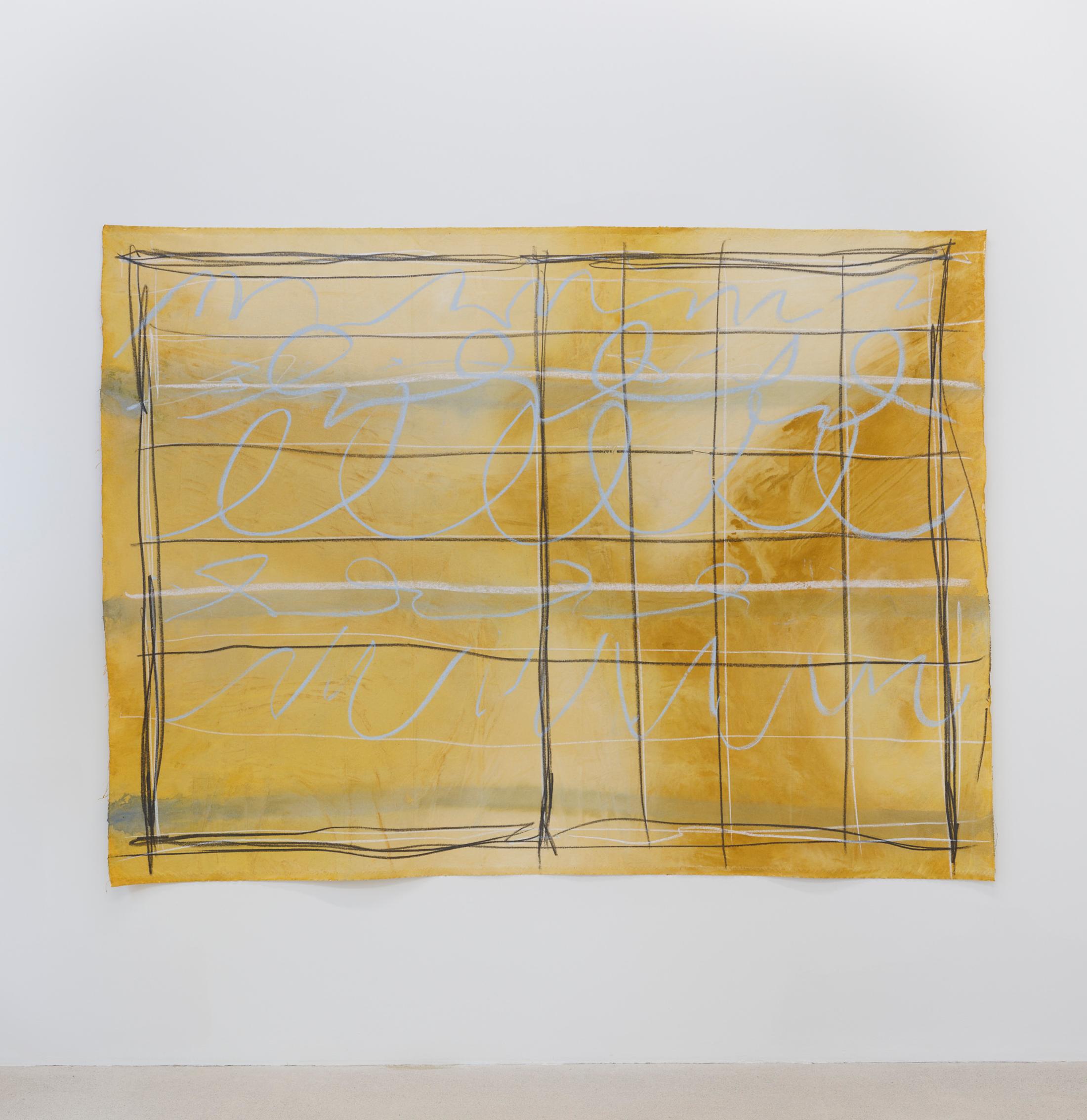 Exhibition View Solo Show Vanessa Disler «Here On Earth ; view on Rules of the Game, 2024, Acrylic, graphite, pastel, chalk on canvas, 157 × 211.5 cm» at Damien & The Love Guru, Zurich, 2025 / Photo: Felix Jungo / Courtesy: the artist and Damien & The Love Guru