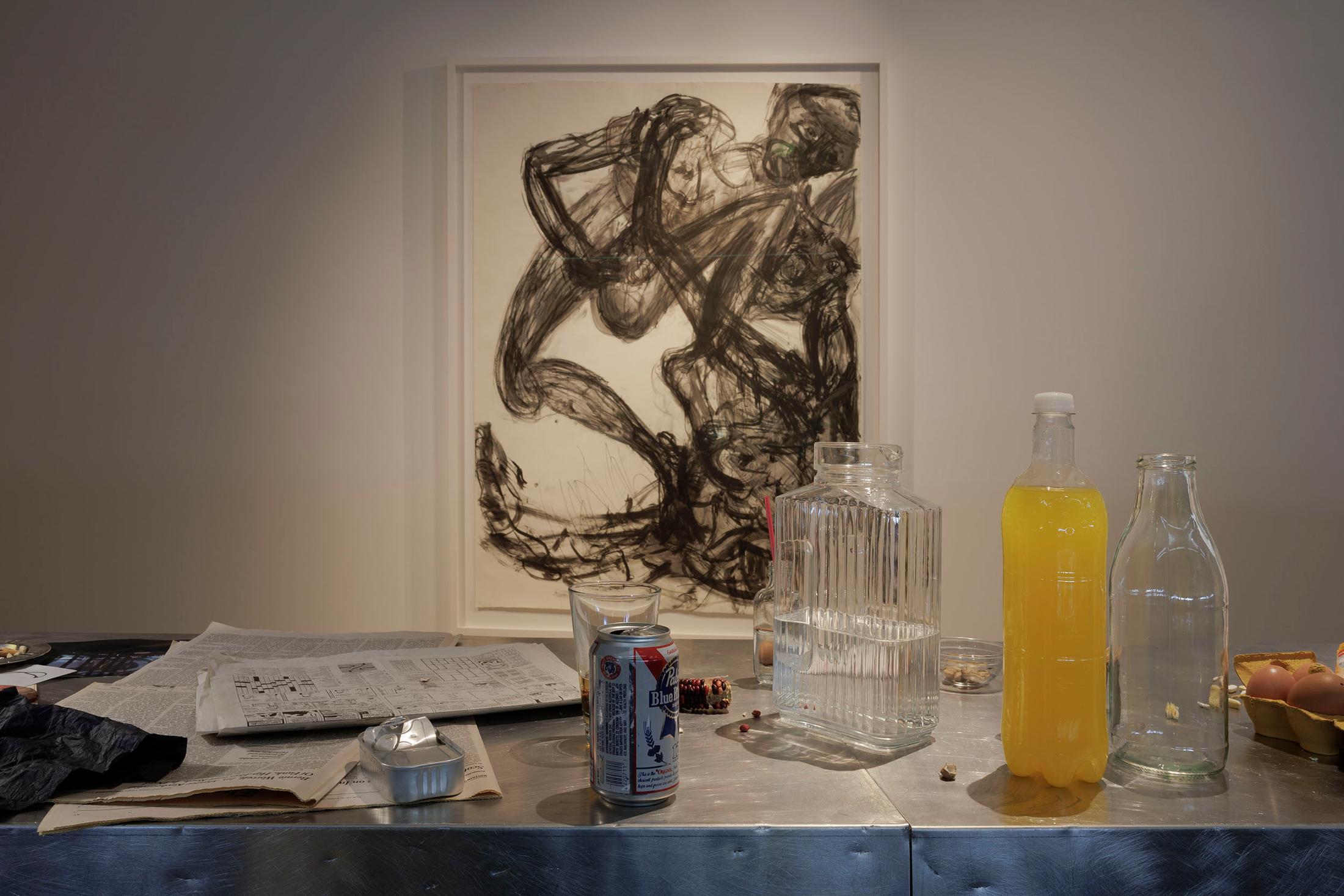 Exhibition View Solo Show Vanessa Disler «Euphoric Recall; view on Vanessa Disler, Euphoric Recall (Detail), 2024 and Martin Disler, Untitled, 1984, Charcoal, chalk and ink on paper 206 × 149.5 cm» at Kunstforum Baloise Park, Basel, 2024 / Photo: Gina Folly / Courtesy: the artist and Damien and the Love Guru and the Baloise Corporate Collection