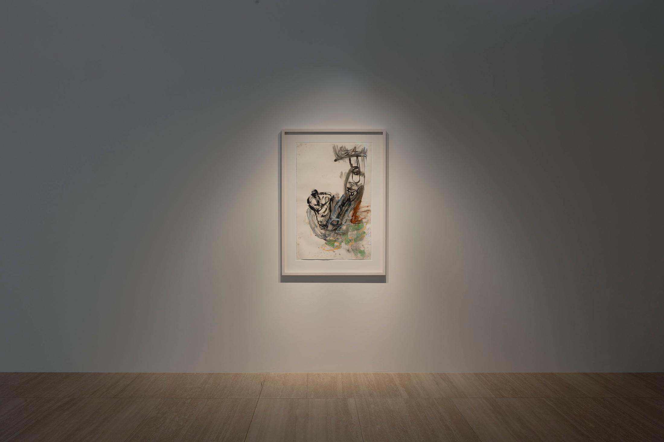 Exhibition View Solo Show Vanessa Disler «Euphoric Recall; view on Martin Disler, Untitled, 1983, Charcoal, chalk, acrylic and gouache on paper, 99.7 × 64.2 cm» at Kunstforum Baloise Park, Basel, 2024 / Photo: Gina Folly / Courtesy: the artist and the Baloise Corporate Collection