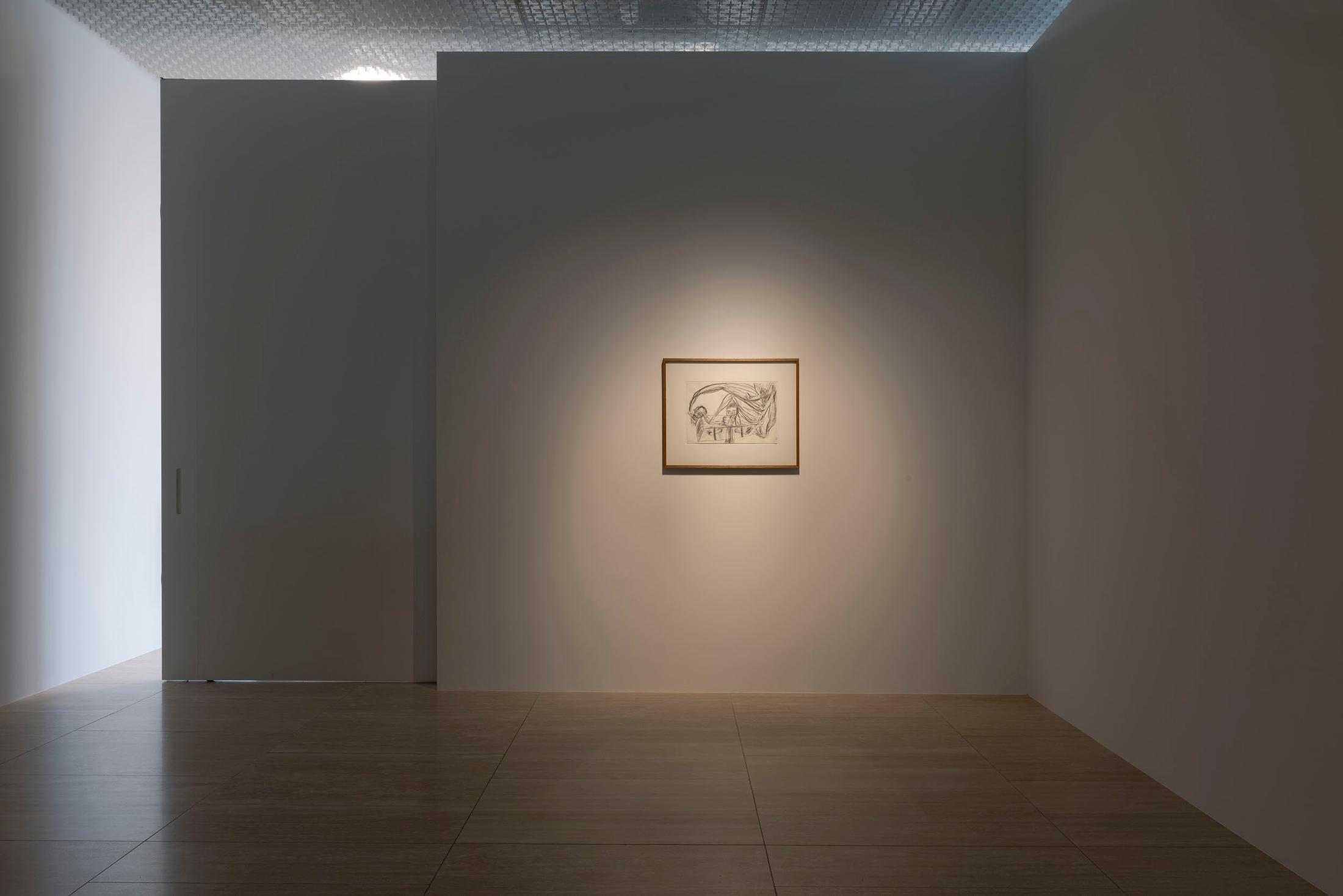 Exhibition View Solo Show Vanessa Disler «Euphoric Recall; view on Martin Disler, Untitled, 1987, Charcoal and pencil on paper, 32 × 47.9 cm» at Kunstforum Baloise Park, Basel, 2024 / Photo: Gina Folly / Courtesy: the artist and the Baloise Corporate Collection
