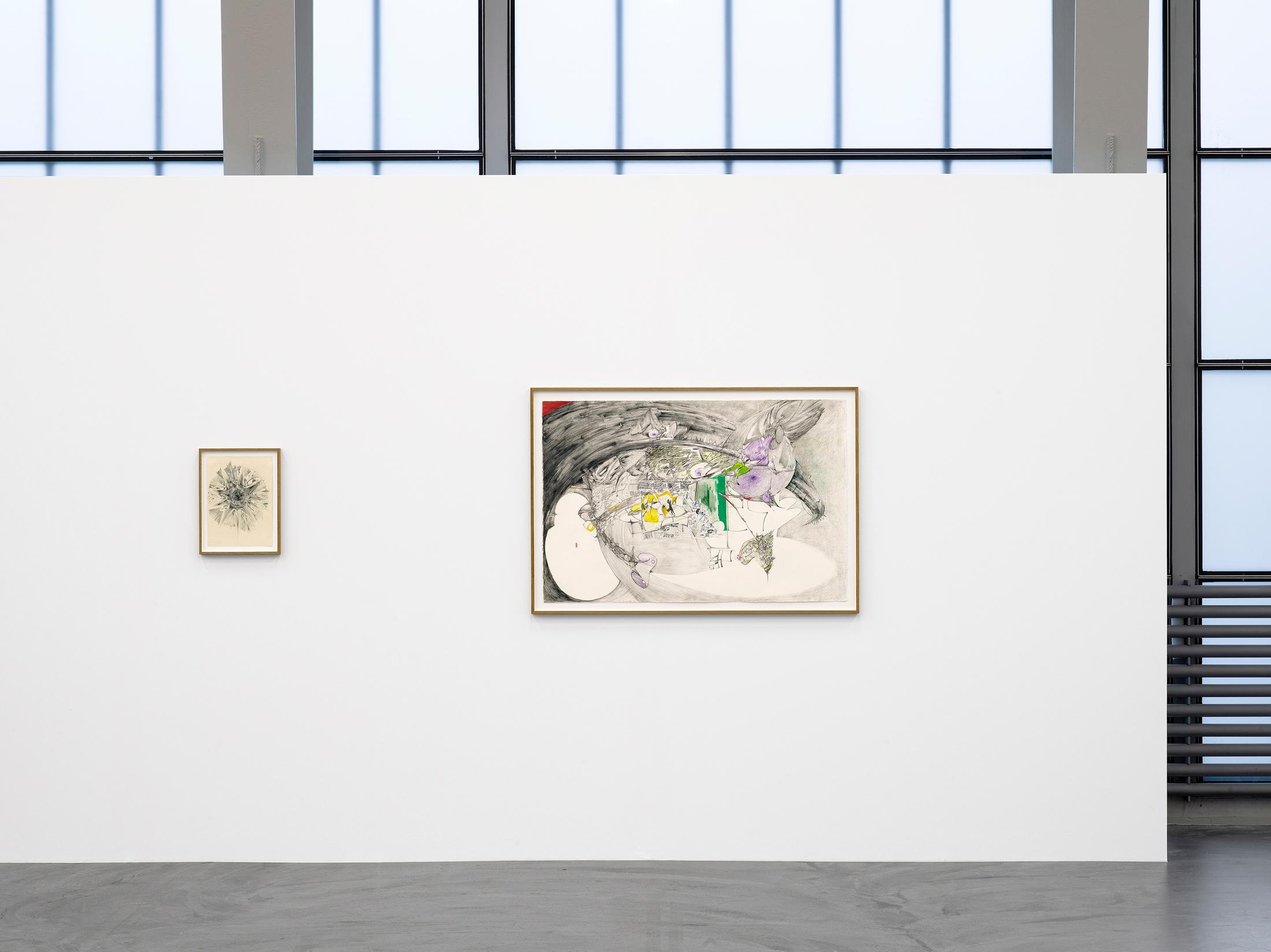 Exhibition View Solo Show Vijay Masharani «Big Casino ; view on  Nova, 2024, Graphite, coloured pencil and conté crayon on paper, and Hospital scene (the West is a bloodbath), 2024, Graphite, coloured pencil, conté crayon, pen and collage on paper» at Kunsthalle Zürich, Zurich, 2025 / Photo: Cedric Mussano / Courtesy: the artist and Clima, Milan