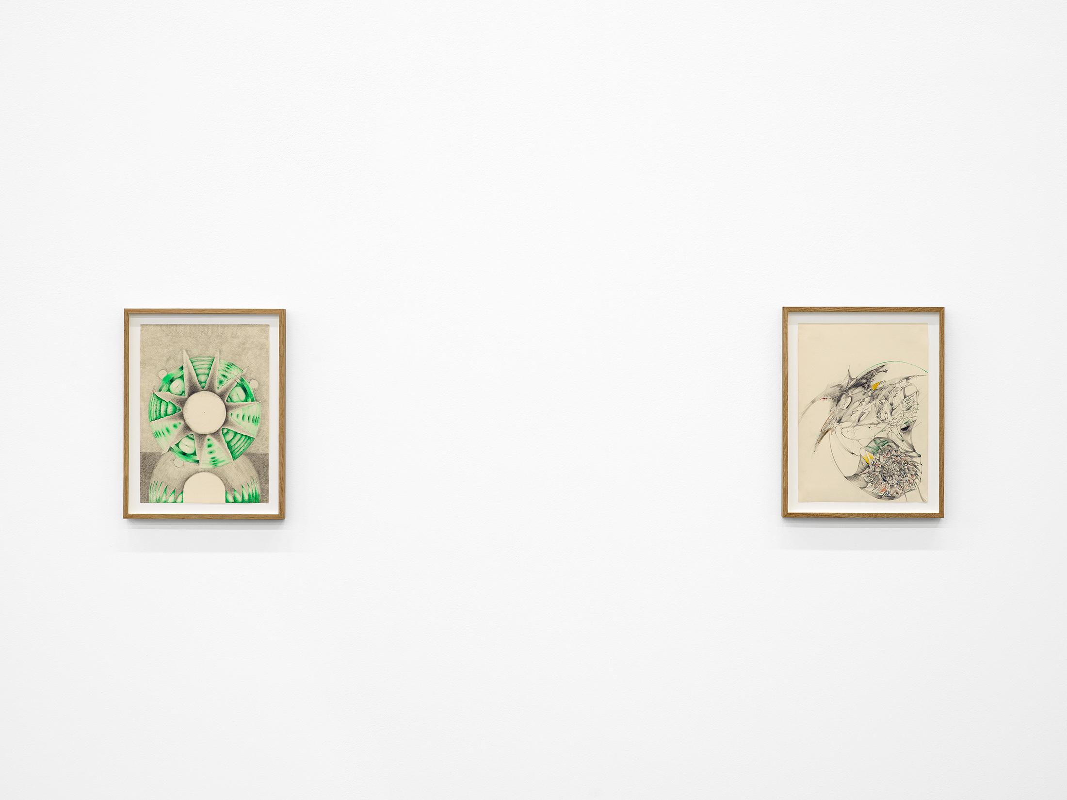Exhibition View Solo Show Vijay Masharani «Big Casino ; view on Stranger, 2024, Graphite, coloured pencil and conté crayon on paper, and Kingdom, 2024, Graphite, coloured pencil and conté crayon on paper» at Kunsthalle Zürich, Zurich, 2025 / Photo: Cedric Mussano / Courtesy: the artist and Clima, Milan