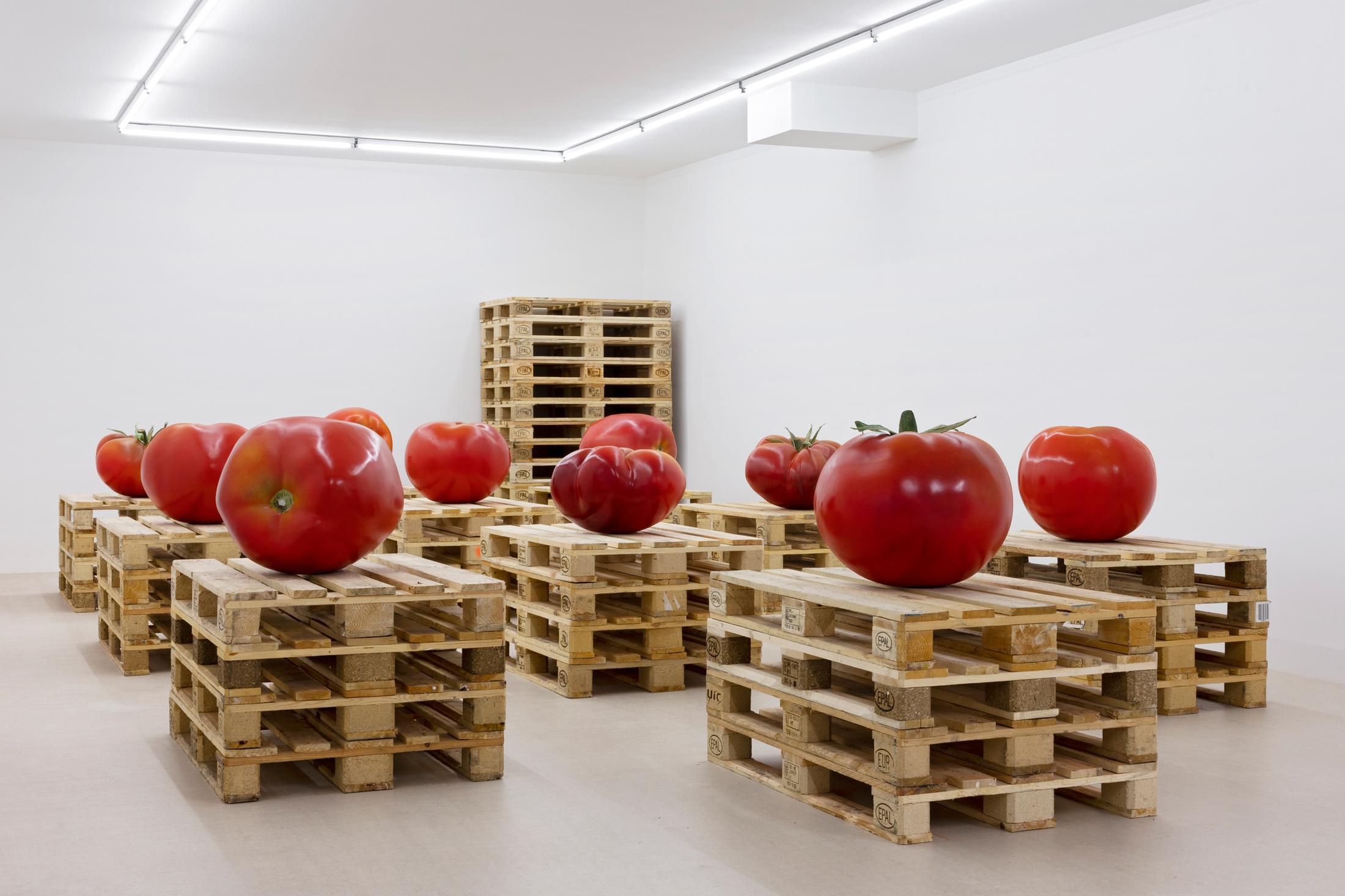 Exhibition View Yasmine El Meleegy Solo Show «The six hundred seventy-four forms and a dragon; view on Yasmine El Meleegy, Future Farms (Organic), 2023, polyester, fibreglass, 2k-paint, acrylic, corn husks, EPAL-pallets, installation dimensions variable» at For Space, Basel, 2023 / Photo: Gina Folly / Courtesy: the artist and For Space