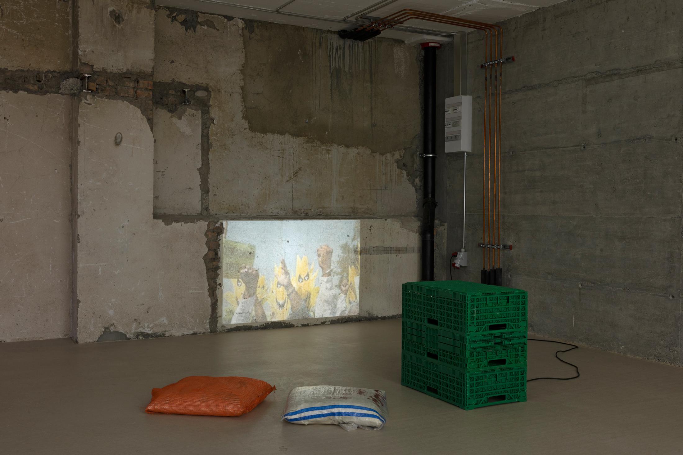 Exhibition View Yasmine El Meleegy Solo Show «The six hundred seventy-four forms and a dragon; view on Yasmine El Meleegy, he six hundred seventy-four forms and a dragon, 2023, InkJet print on transparent film, dia-projector, vegetable boxes, food grade safe pp leno bags, cushions, 80 slides, loop, installation dimensions variable» at For Space, Basel, 2023 / Photo: Gina Folly / Courtesy: the artist and For Space