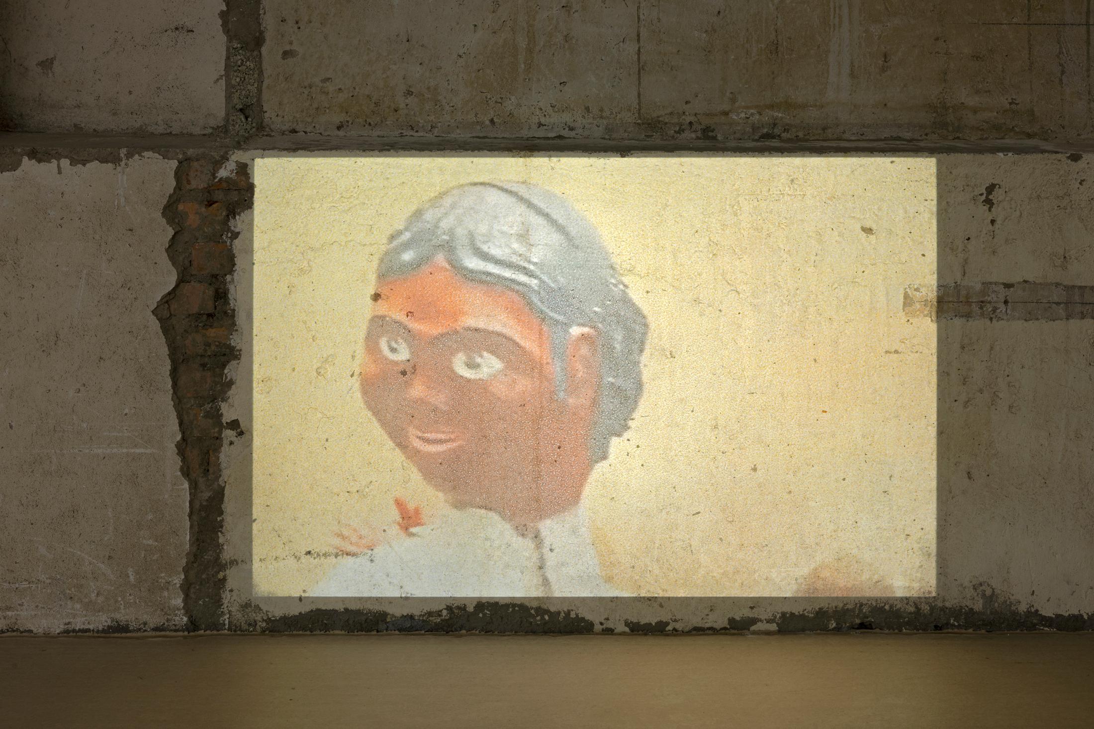 Exhibition View Yasmine El Meleegy Solo Show «The six hundred seventy-four forms and a dragon; view on Yasmine El Meleegy, he six hundred seventy-four forms and a dragon, 2023, InkJet print on transparent film, dia-projector, vegetable boxes, food grade safe pp leno bags, cushions, 80 slides, loop, installation dimensions variable» at For Space, Basel, 2023 / Photo: Gina Folly / Courtesy: the artist and For Space